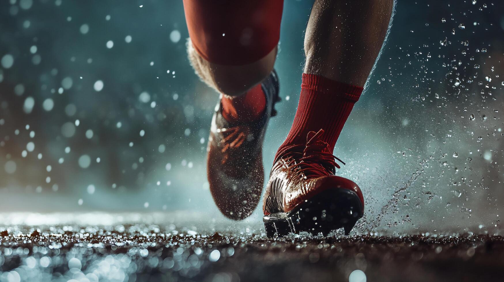 Runner is running in the rain with his feet splashing water. Concept of determination and perseverance, as the runner continues to run despite the challenging weather conditions photo