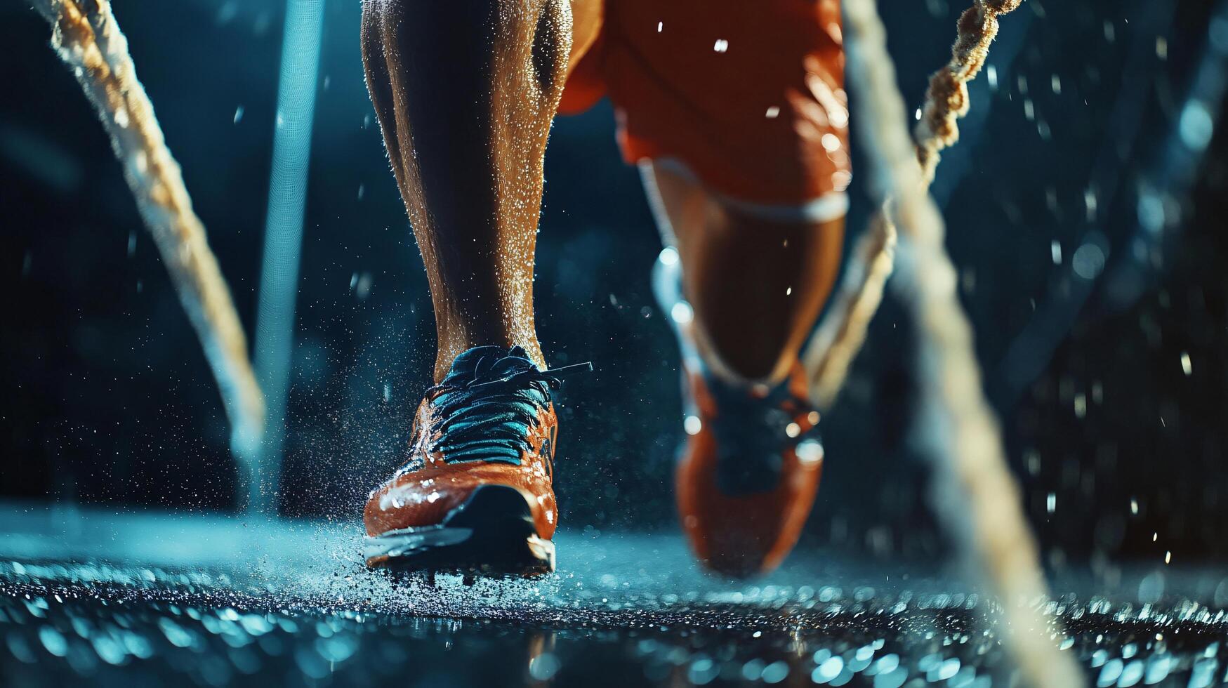 Person is running through a rainstorm, with their feet splashing through puddles. Concept of determination and perseverance, as the person continues to run despite the challenging weather conditions photo