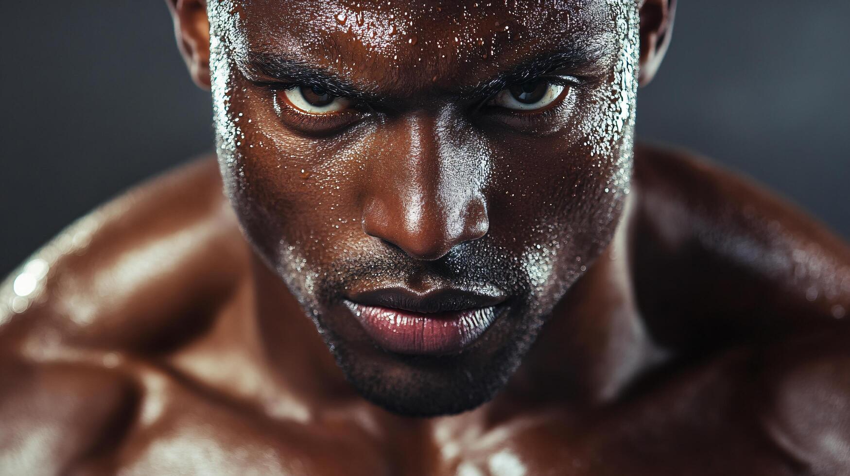 Man with a muscular build and a serious expression on his face. He is sweating and he is in the middle of a workout photo
