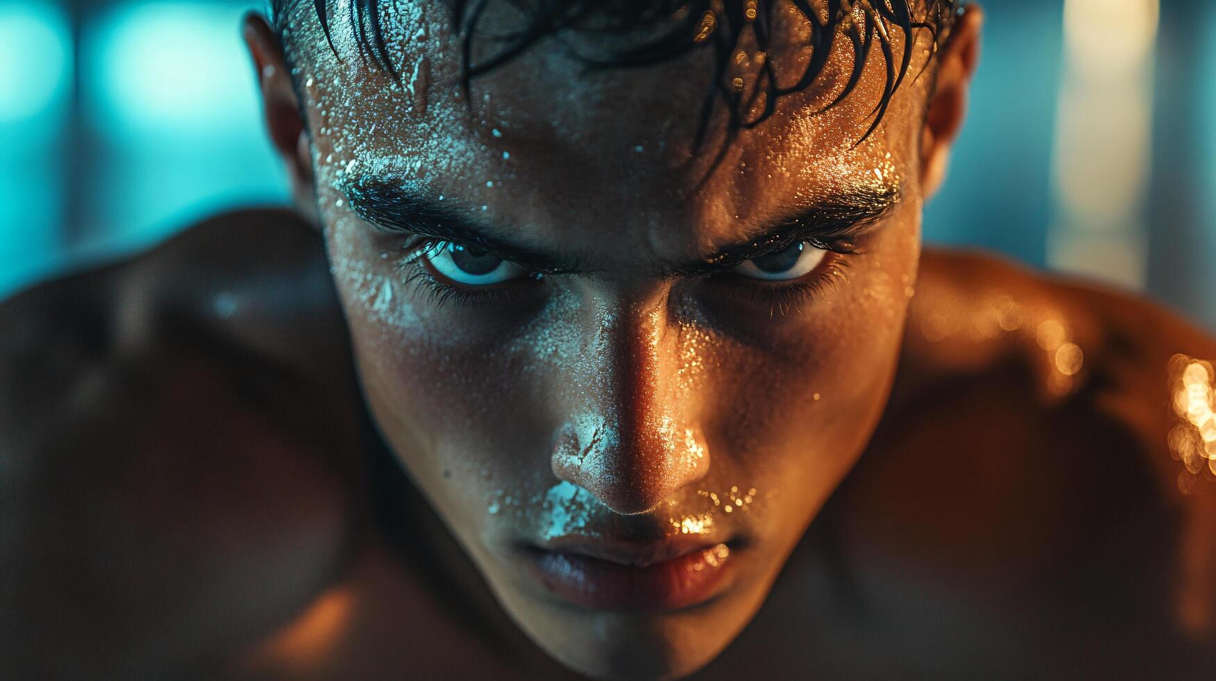 Man with sweat on his face and a serious expression. The man is wearing a shirtless shirt photo