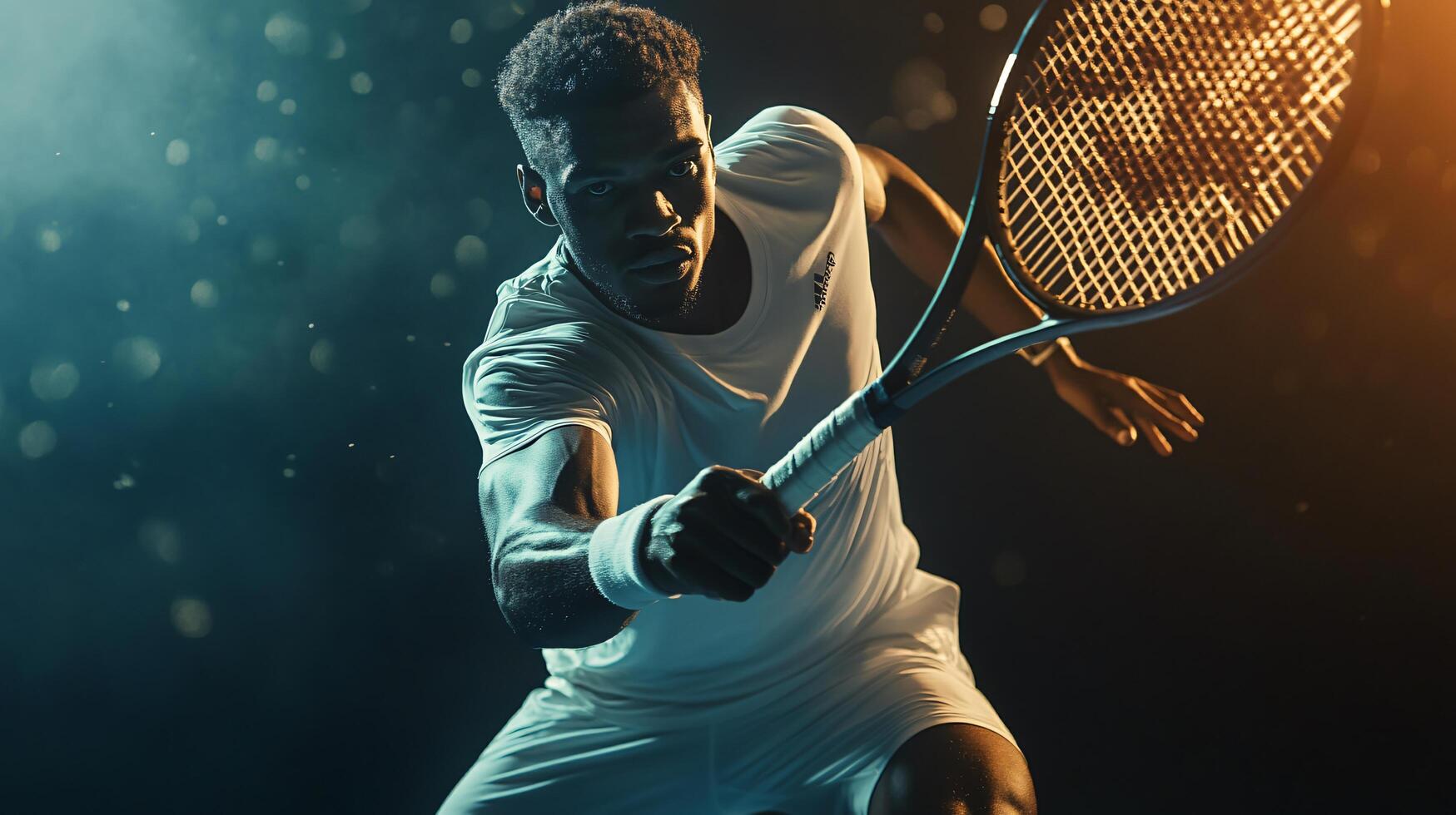 Man is playing tennis with a racket. The image has a mood of determination and focus. The man is fully engaged in the game, and his posture photo