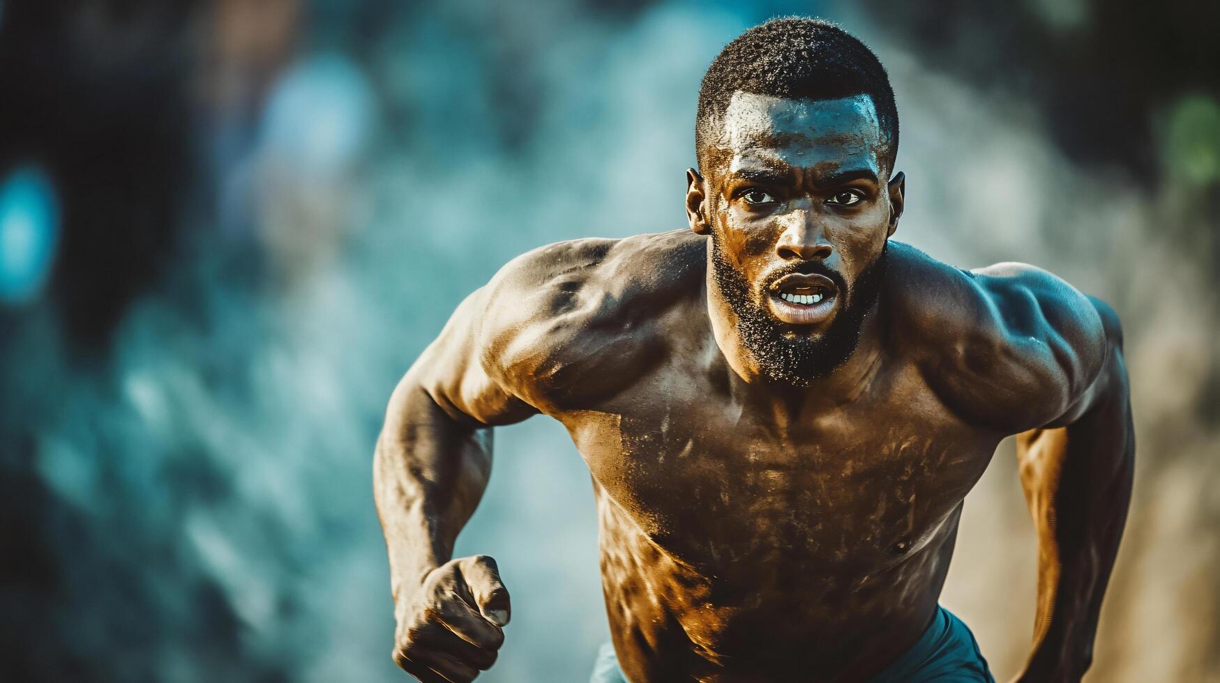 Man running with sweat on his face and chest. The man is wearing shorts and a shirt photo