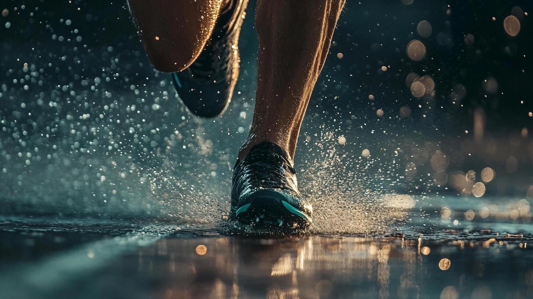Runner is running in the rain with his feet splashing water. Concept of determination and perseverance, as the runner continues to run despite the wet conditions. The rain adds a sense of challenge photo