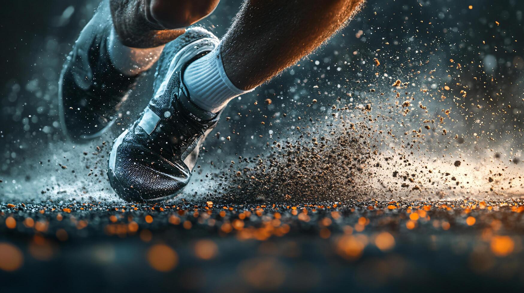 Person running with their feet in the air and the ground covered in small rocks. Concept of motion and energy, as if the person is in the middle of a race or a sprint photo