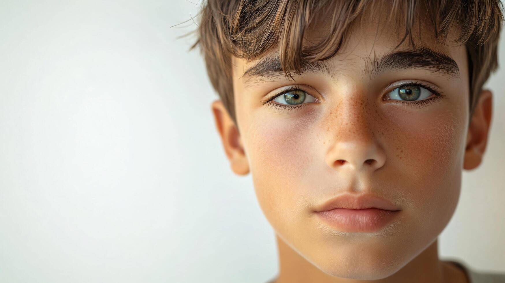 Boy with a green eye and a tan face. He has a light brown hair. He is looking at the camera photo