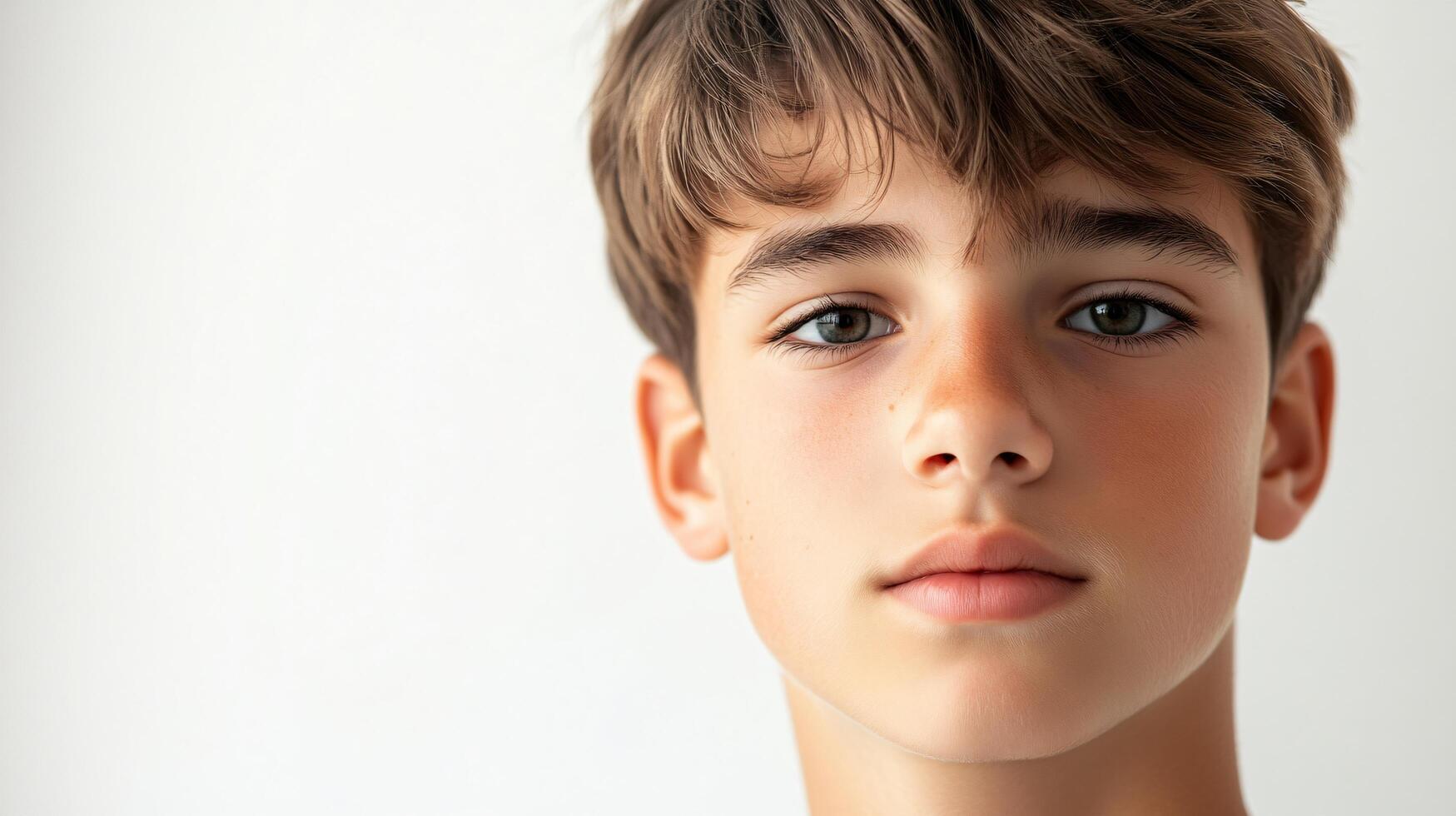 Boy with a beard and blue eyes. He has a slight smile on his face. He is looking at the camera photo