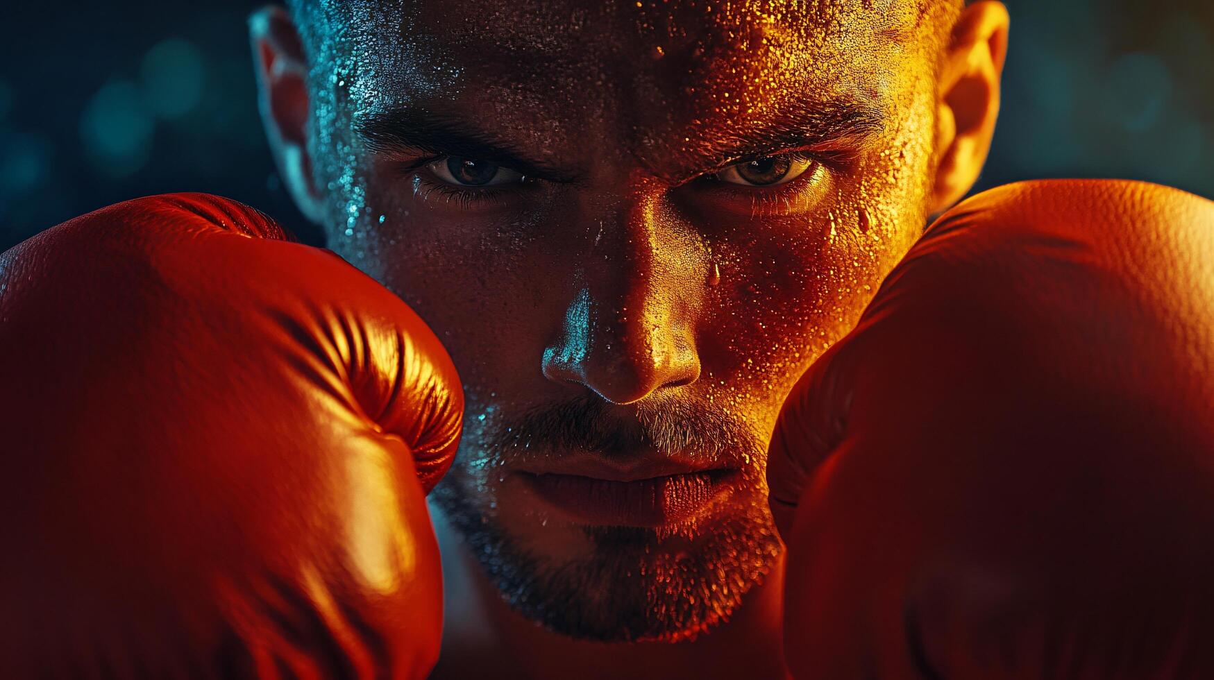 Man wearing boxing gloves with sweat on his face. The man is wearing a red glove and has a serious expression on his face photo