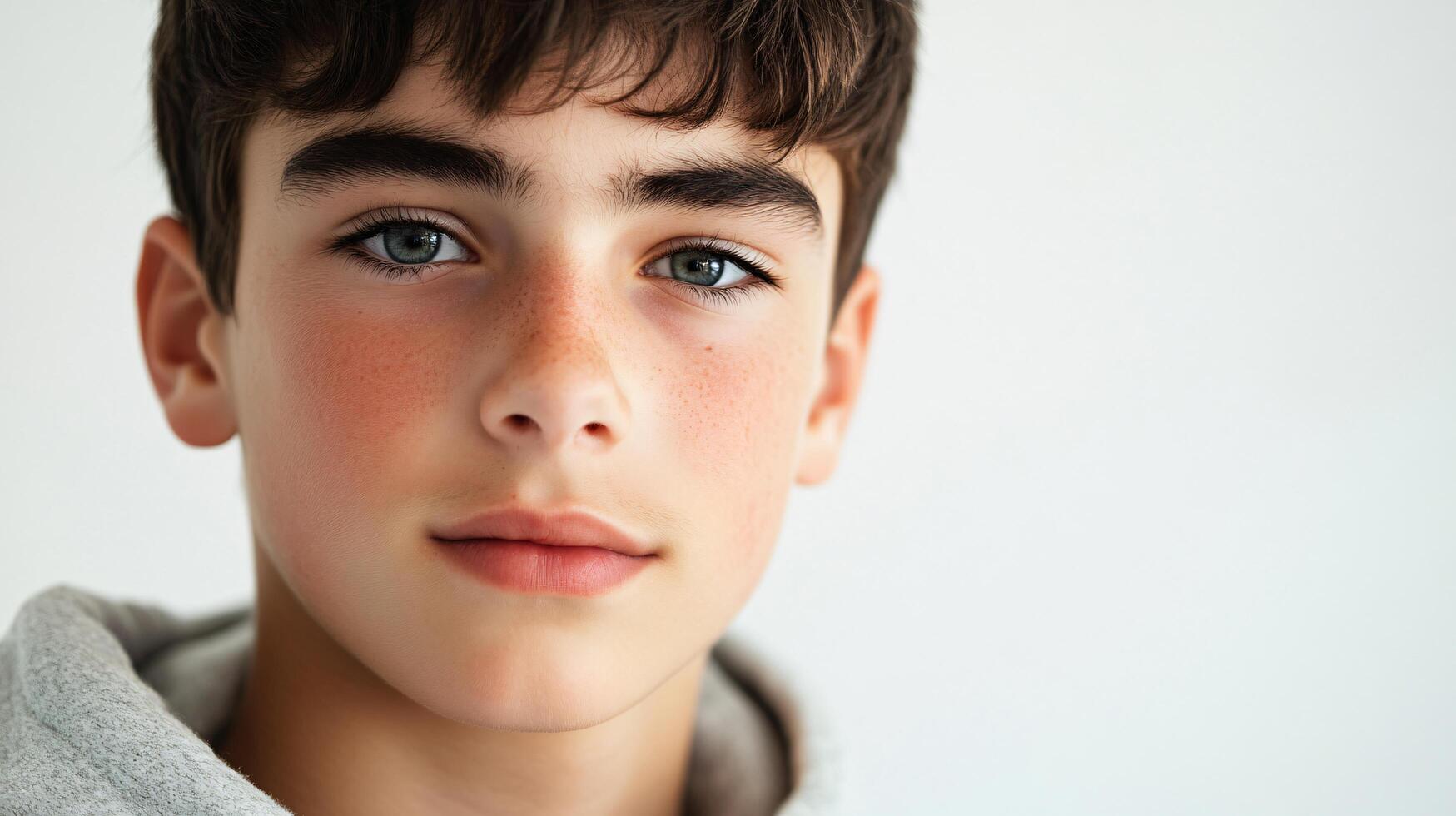 Boy with a beard and blue eyes is looking at the camera. He has a slight redness on his face photo