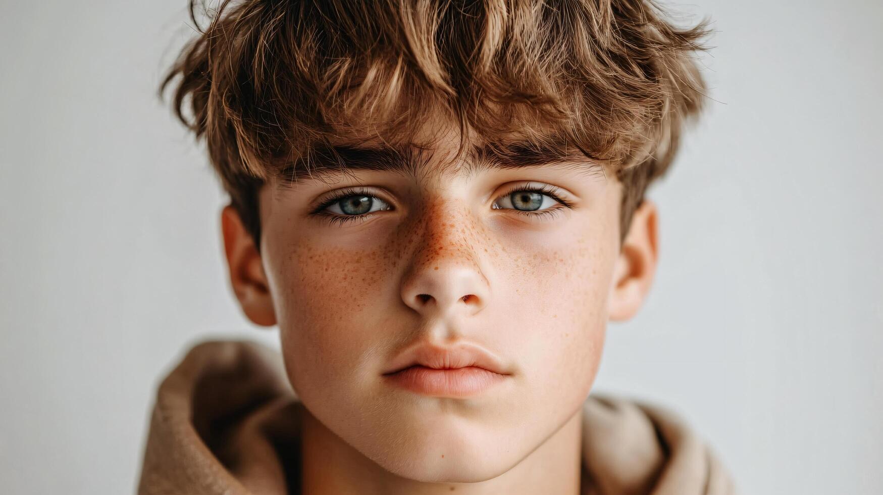 Young man with a beard and blue eyes is wearing a brown hoodie. He has a slight smile on his face photo