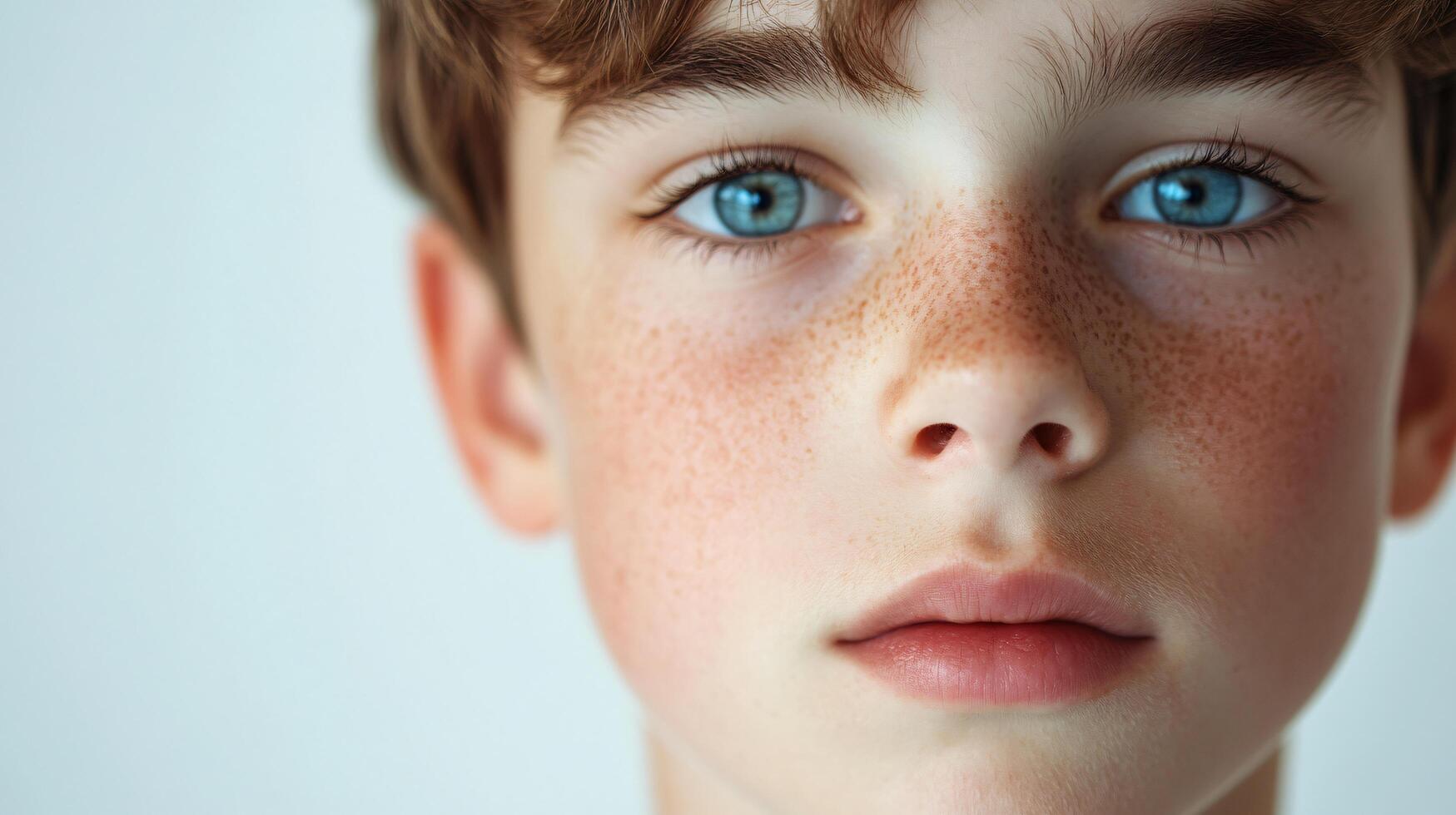 Boy with blue eyes and a red nose. He has a blue shirt on. He is looking at the camera photo