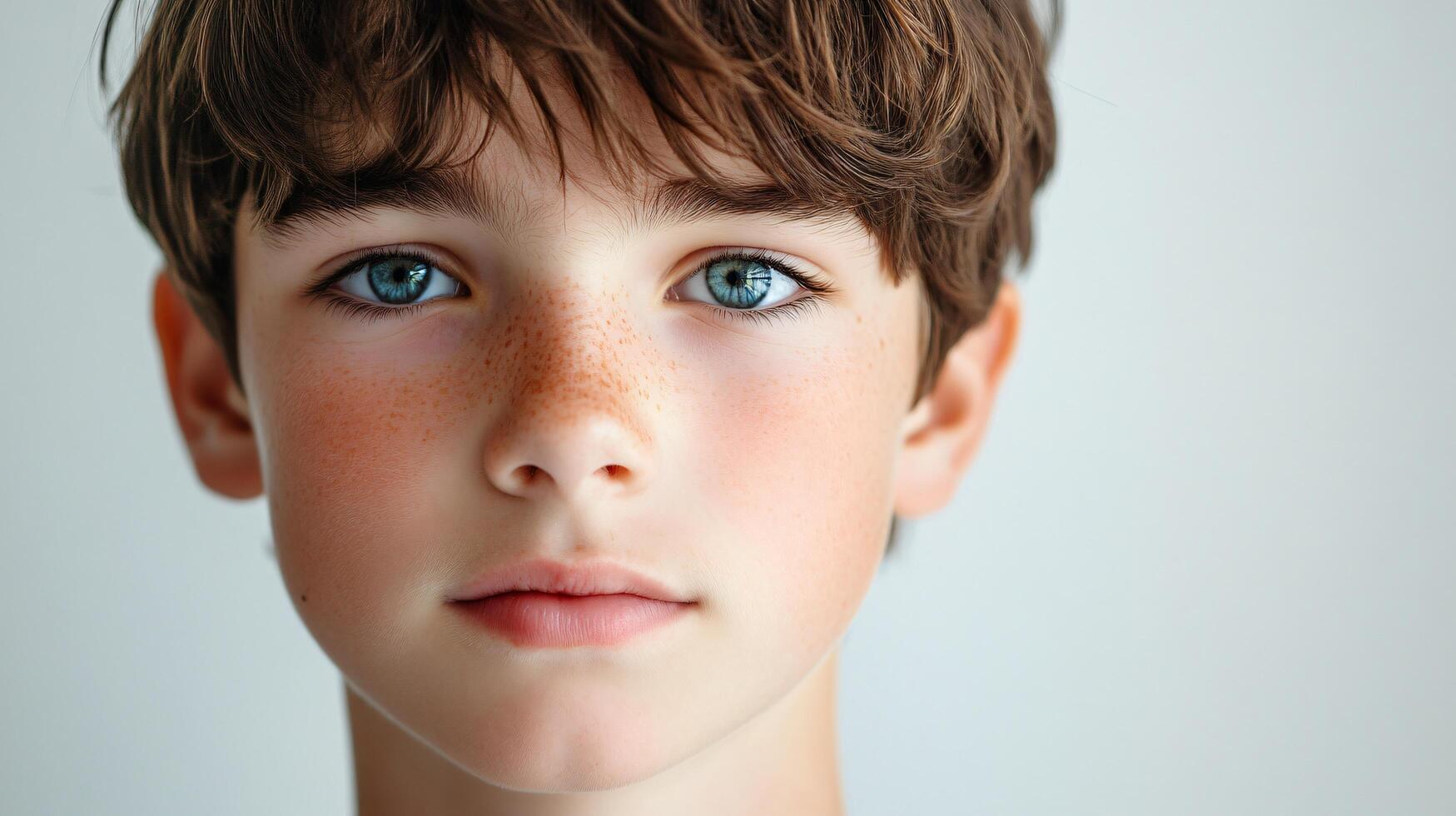 Boy with blue eyes and red spots on his face. He is looking at the camera. Concept of innocence and vulnerability photo