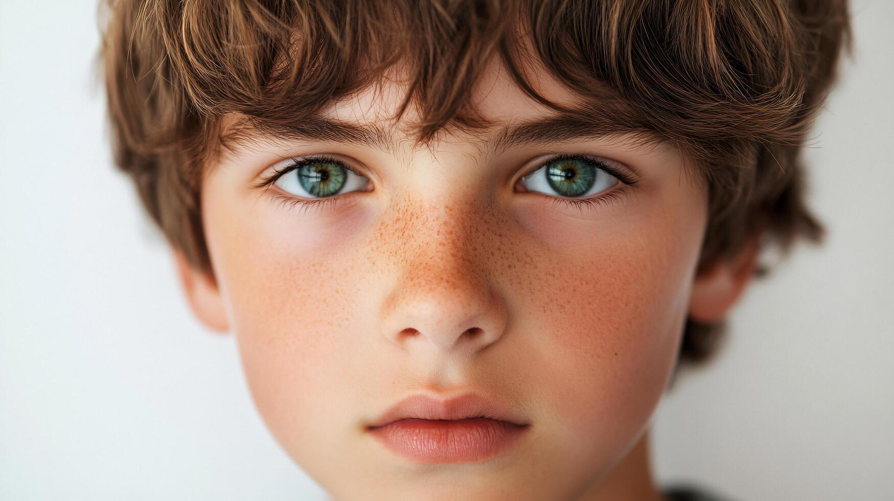 Young boy with green eyes and a red nose. The boy has a green shirt on. The boy is looking at the camera photo