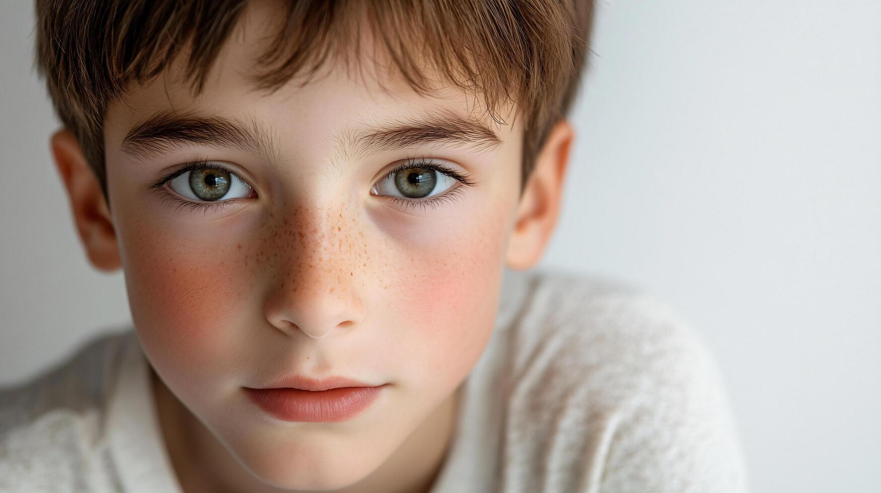 Boy with green eyes and red spots on his face. He is wearing a white shirt. The boy has a serious expression on his face photo