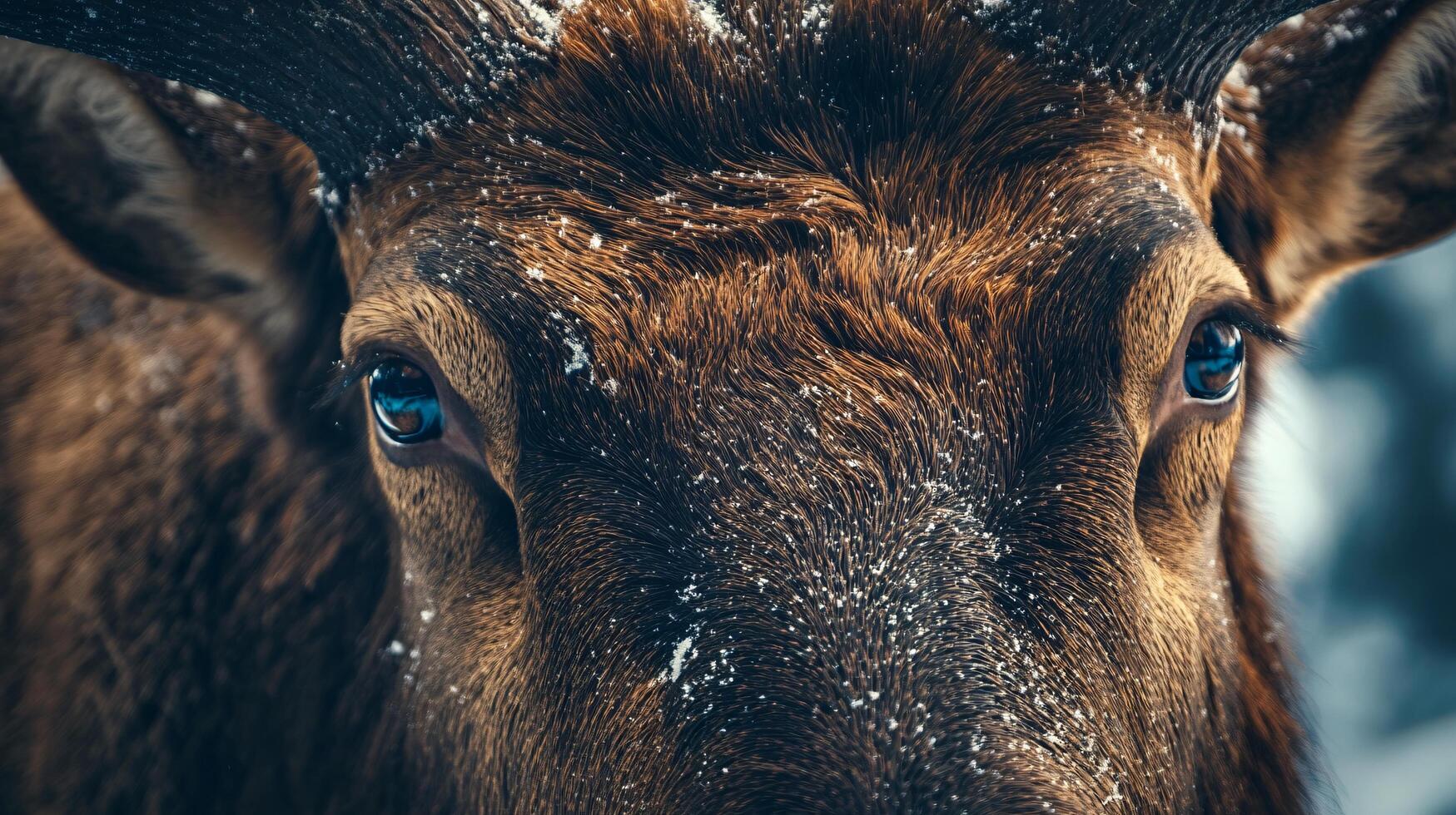 Deer with blue eyes is standing in the snow. The blue eyes are the most prominent feature of the deer, and they stand out against the white snow. Concept of calm and serenity photo