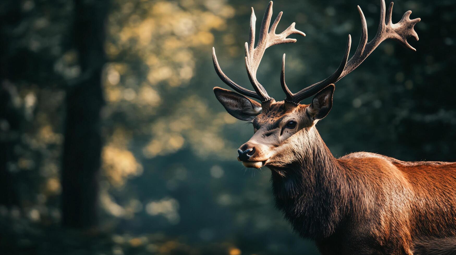 Deer with large antlers stands in a forest. Concept of wildness and natural beauty photo