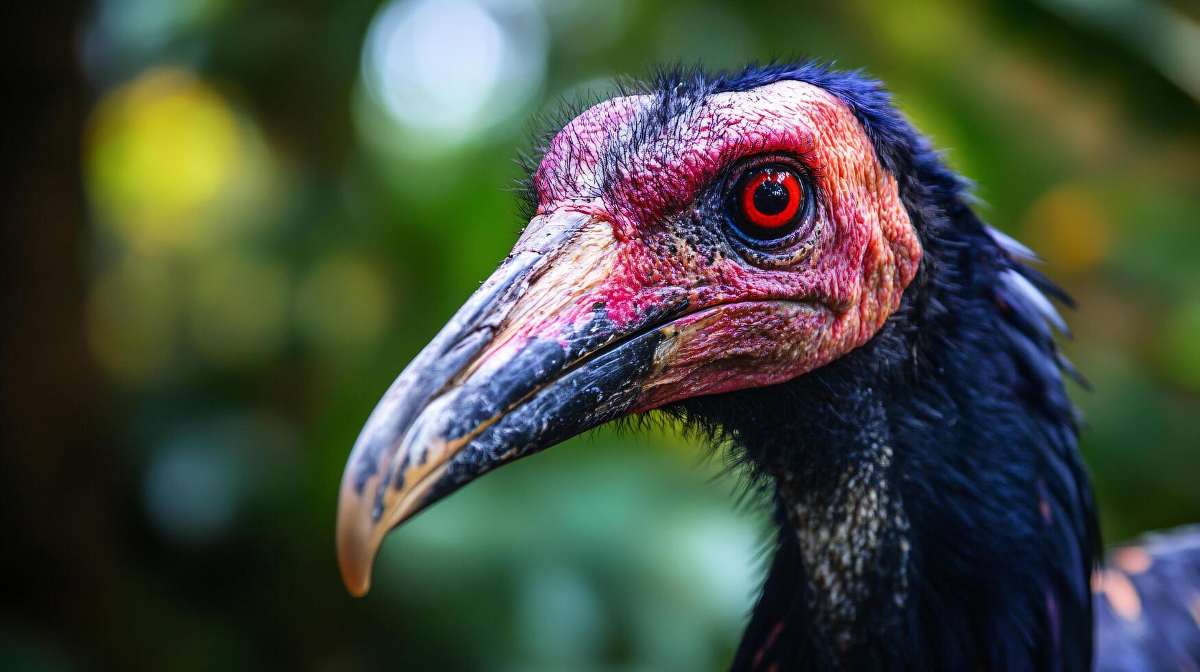 Bird with a red beak and red eyes is standing in a green forest. The bird's eyes are bright red, and its beak is also red photo