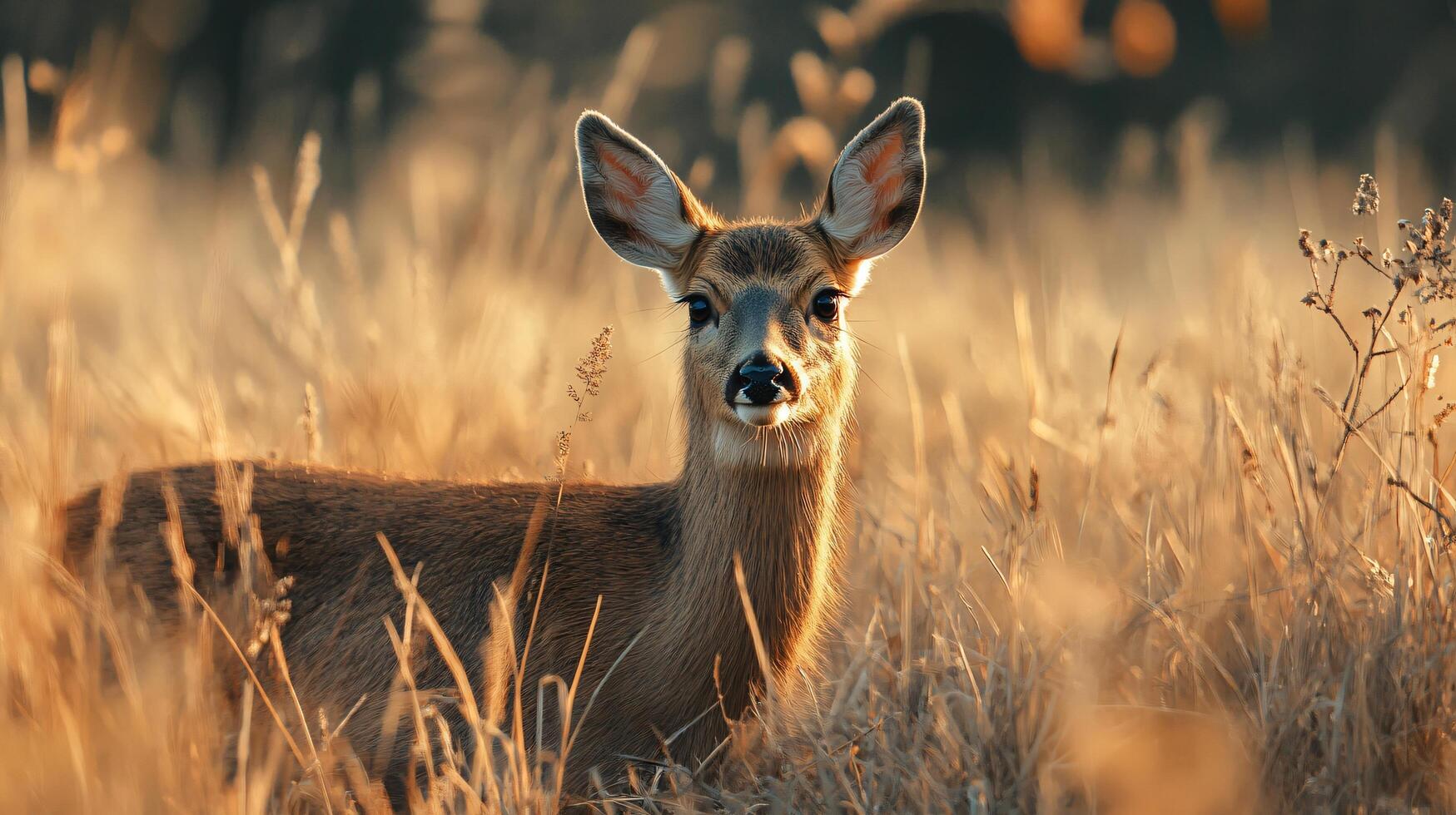 Deer is standing in tall grass. The grass is brown and dry. The deer is looking at the camera photo