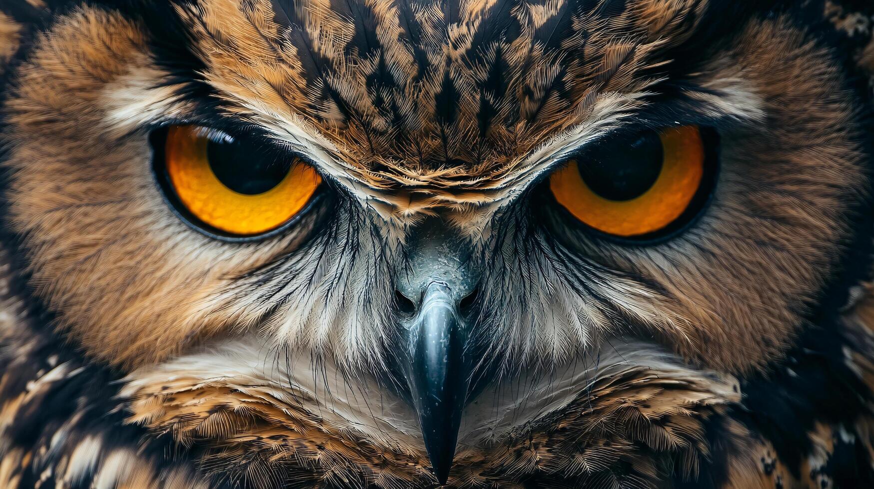 Close up of an owl's face with its eyes open and staring at the camera. The owl's eyes are yellow and it has a fierce expression on its face photo