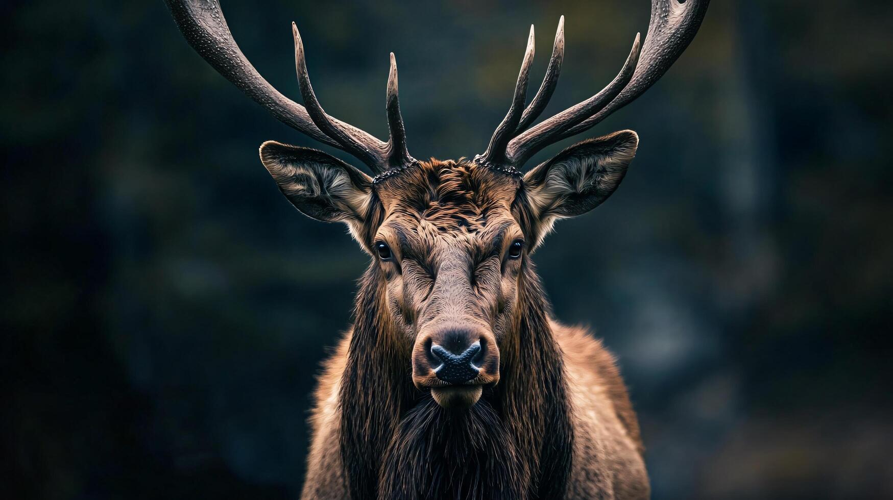 Deer with large antlers stands in a dark forest. Concept of wildness and untamed nature photo