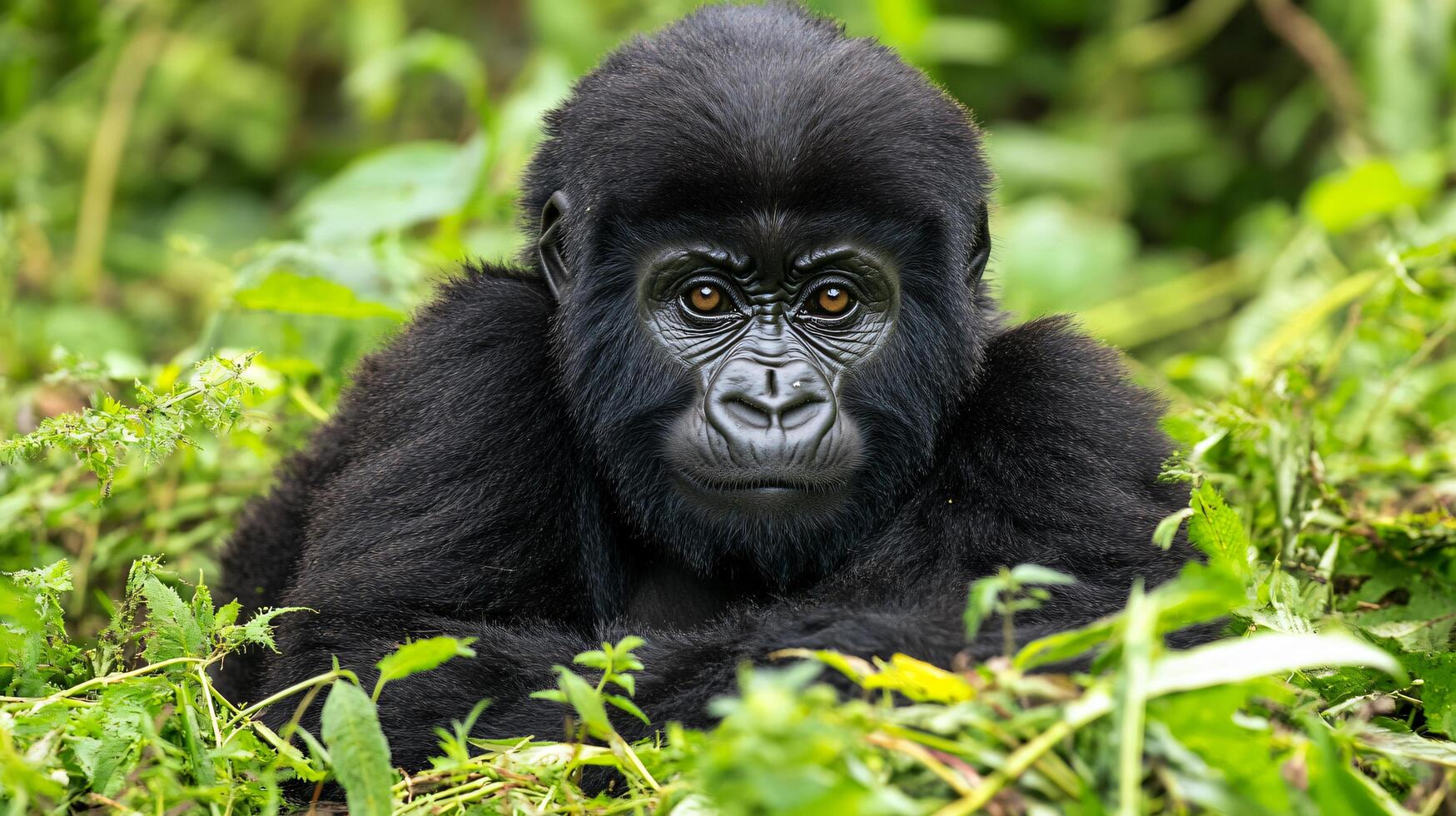 Baby gorilla is laying in the grass. The baby gorilla is looking at the camera photo