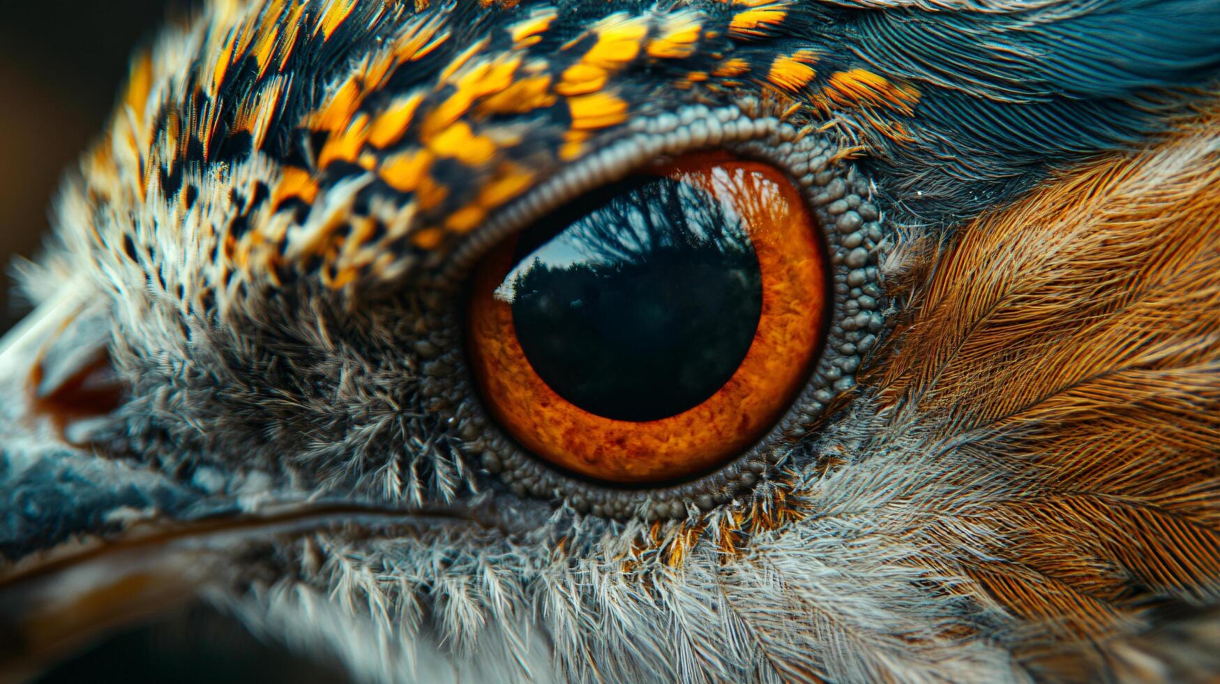 Close up of a bird's eye with a red iris. The eye is surrounded by feathers and the bird's head is visible in the background. Concept of curiosity and wonder photo