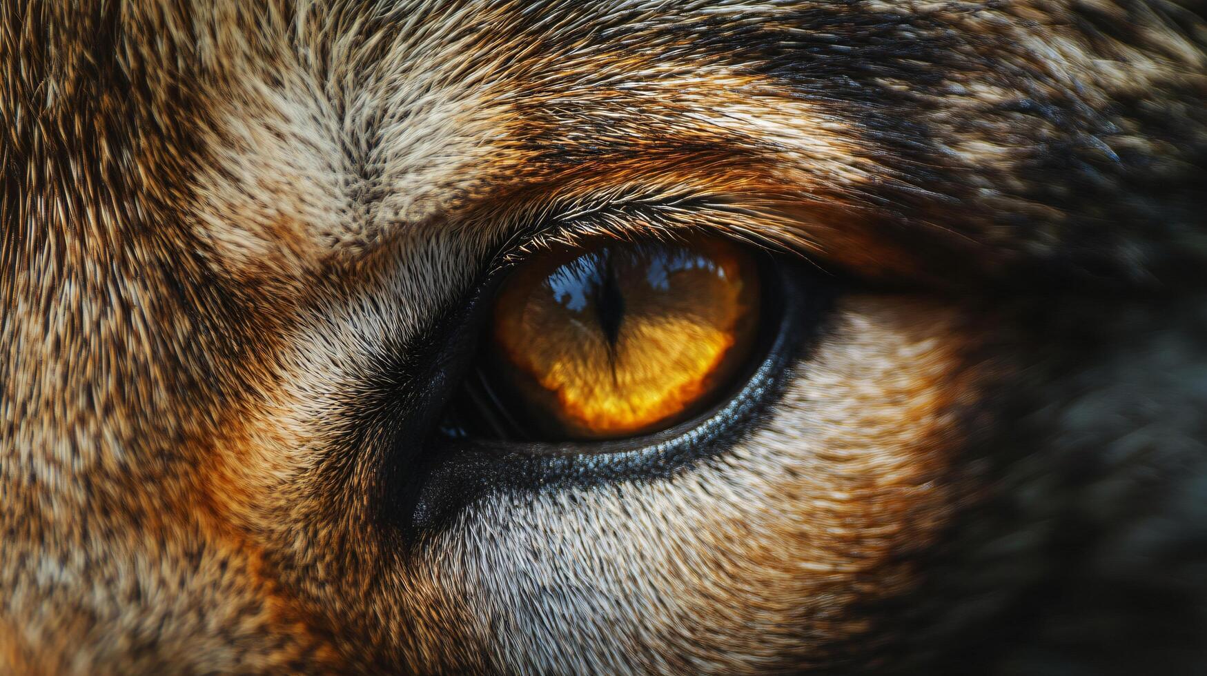 Close up of a dog's eye with a yellowish tint. The eye is surrounded by fur and he is looking at the camera photo