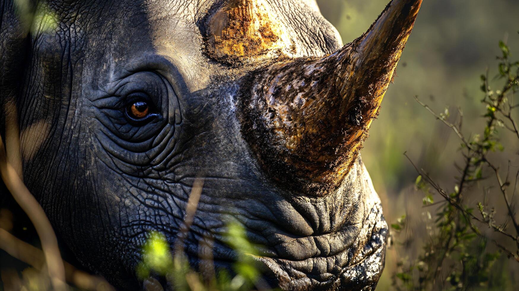 Rhino with a horn on its head. The horn is brown and the rhino is looking at the camera photo