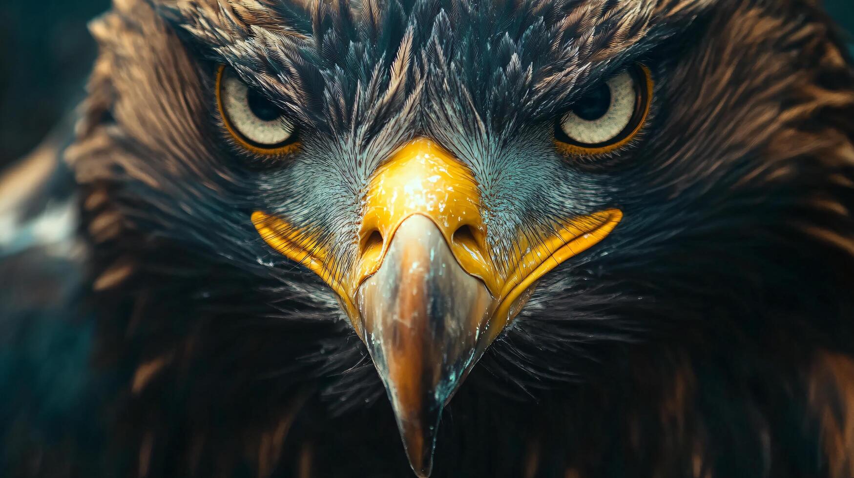 Close up of an eagle's face with its eyes wide open and its mouth open. The eagle's expression is angry and aggressive photo