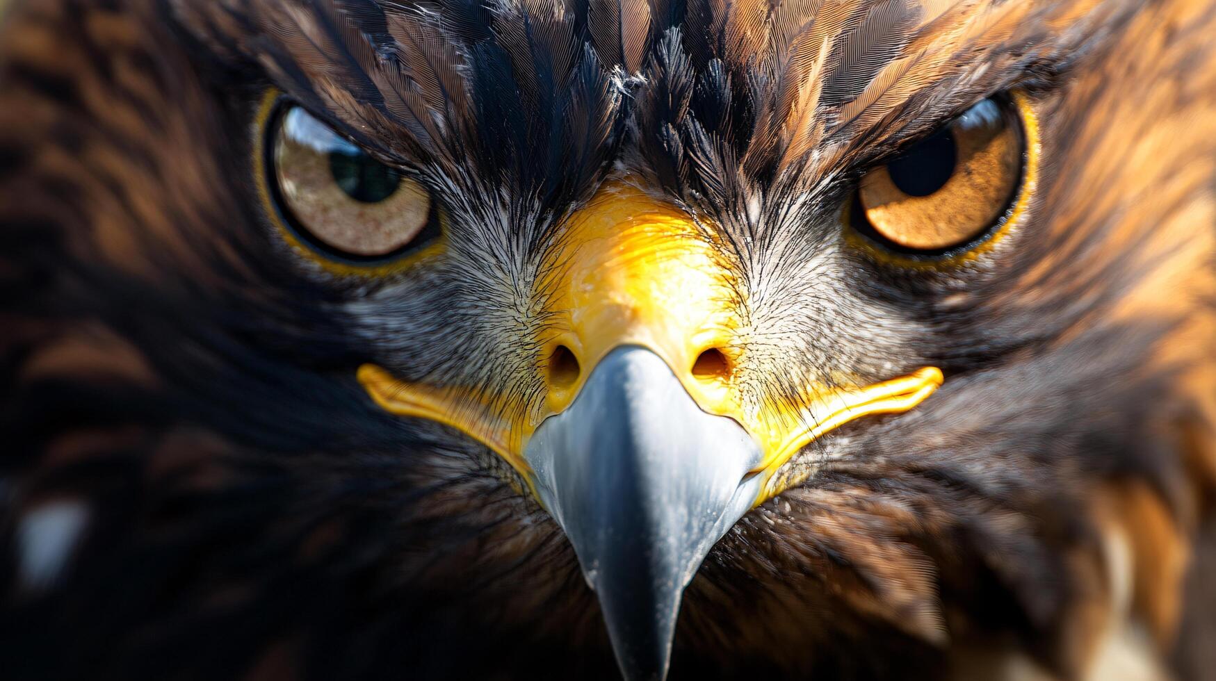 Close up of a bird's face with a yellow beak and a red eye. The bird's expression is angry and intense photo
