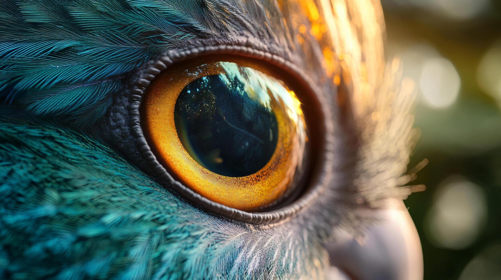 Close up of a bird's eye with a yellow iris. The eye is surrounded by feathers and the bird's head is partially visible. The image has a dreamy, ethereal quality to it photo