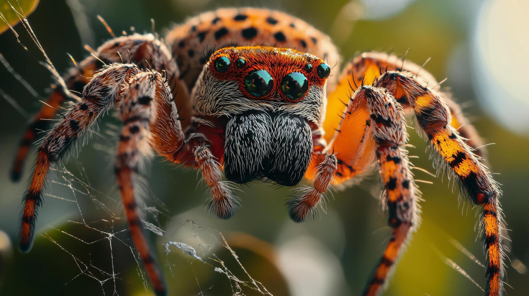 Spider with a black and orange body is staring at the camera. The spider is in a green leafy area photo
