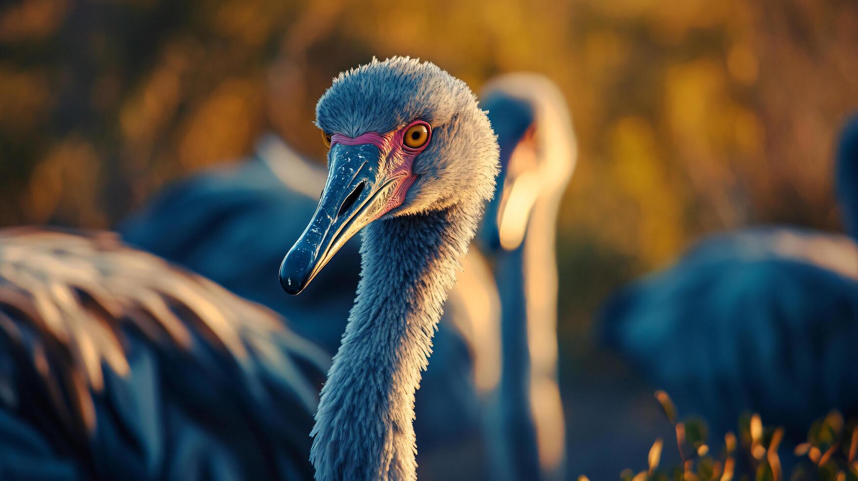 Large bird with a red beak and yellow eyes stands in front of a group of smaller birds. The scene is set in a natural environment, with the birds scattered around the area photo