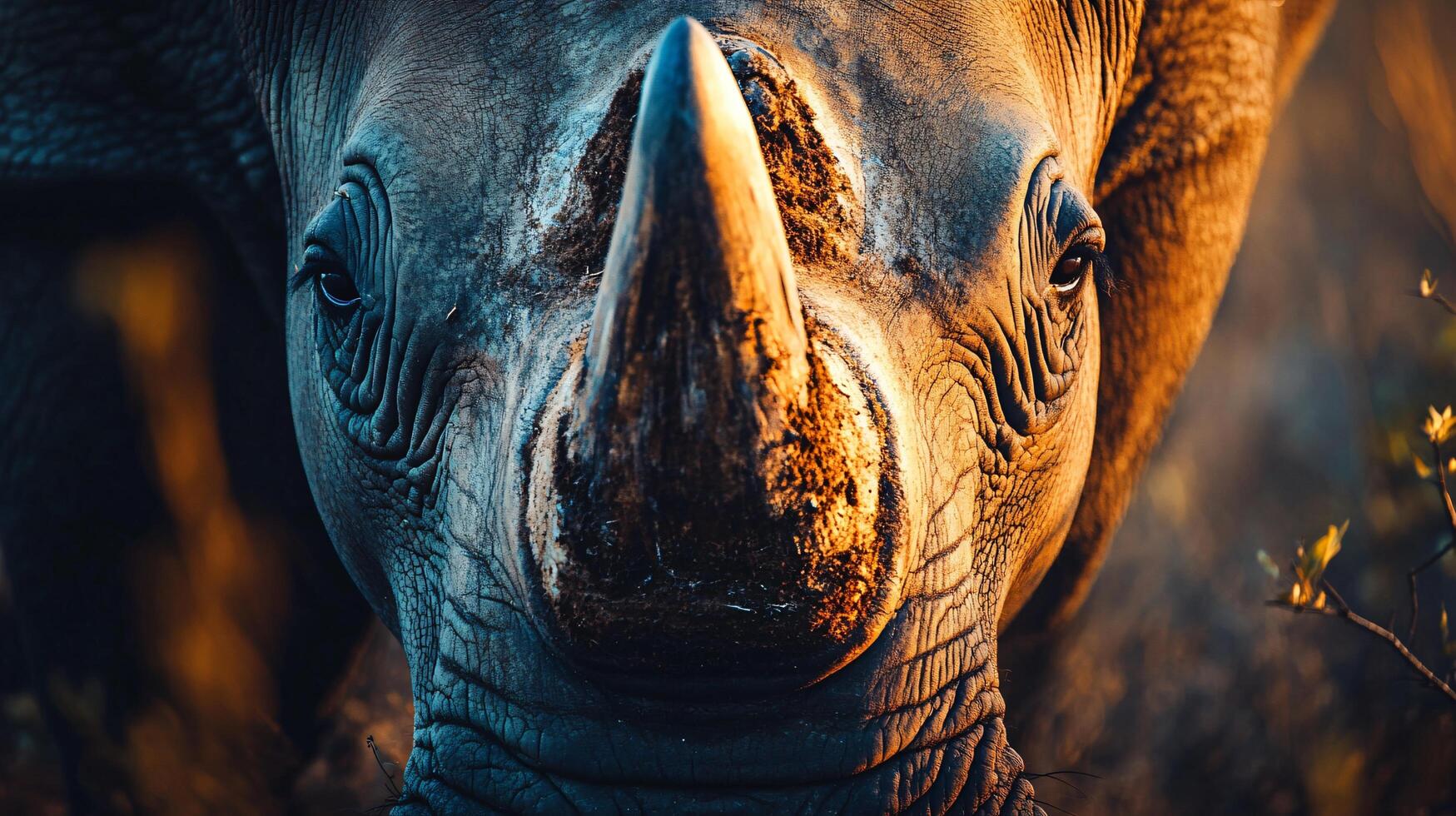 Rhino with a large horn is staring at the camera. The image has a moody and intense feel, as if the rhino is looking directly at the viewer photo