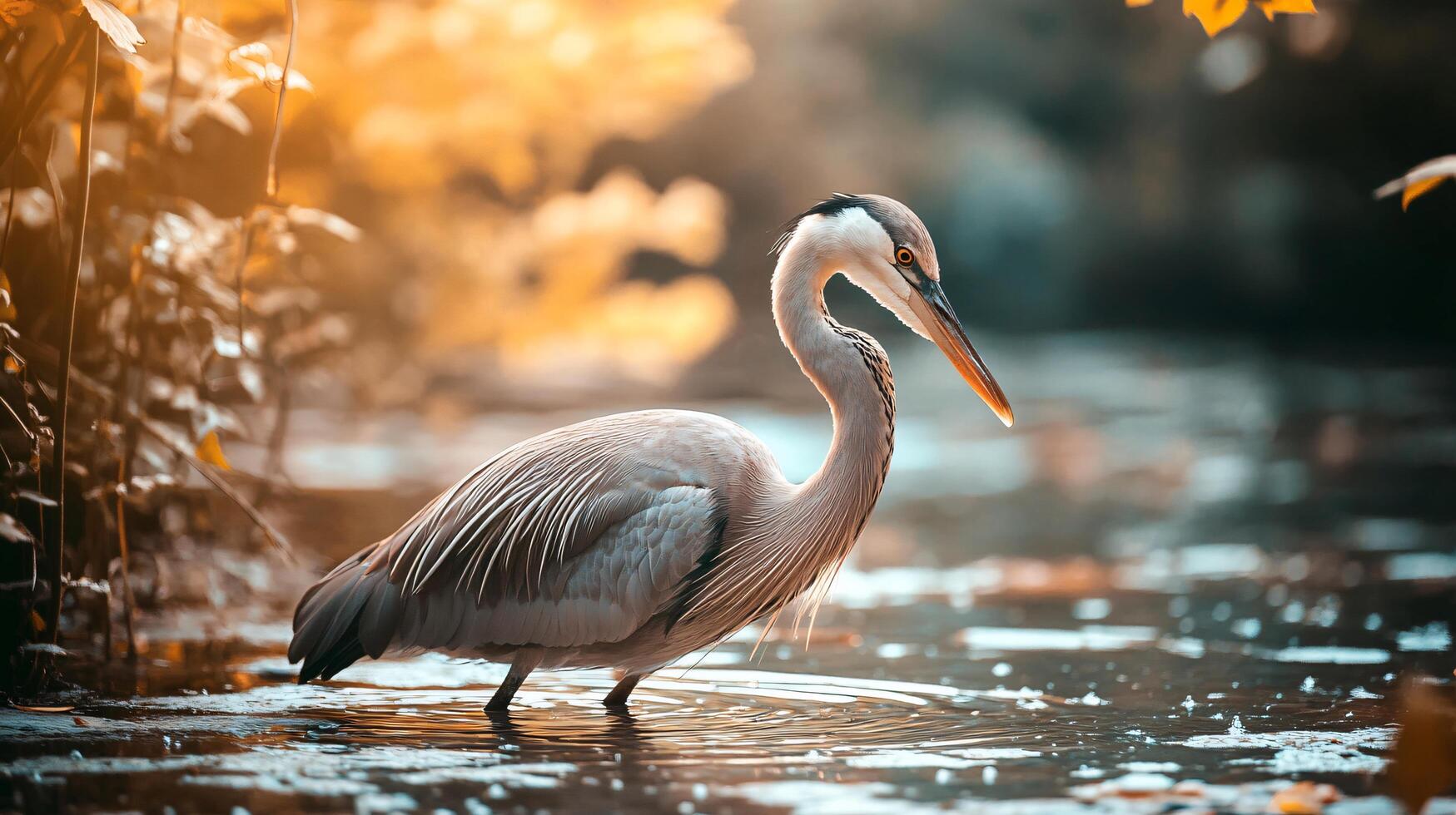 Large bird is walking in the water. The bird is gray and has a long neck. The water is calm and clear photo