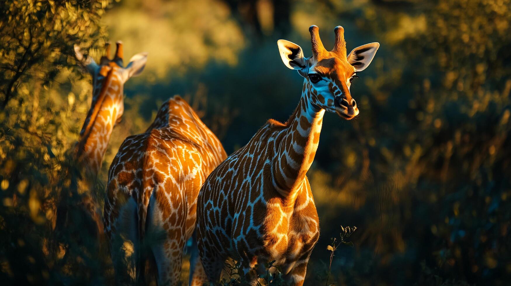 Two giraffes standing in a field of grass. One is looking at the camera. The other is looking away photo