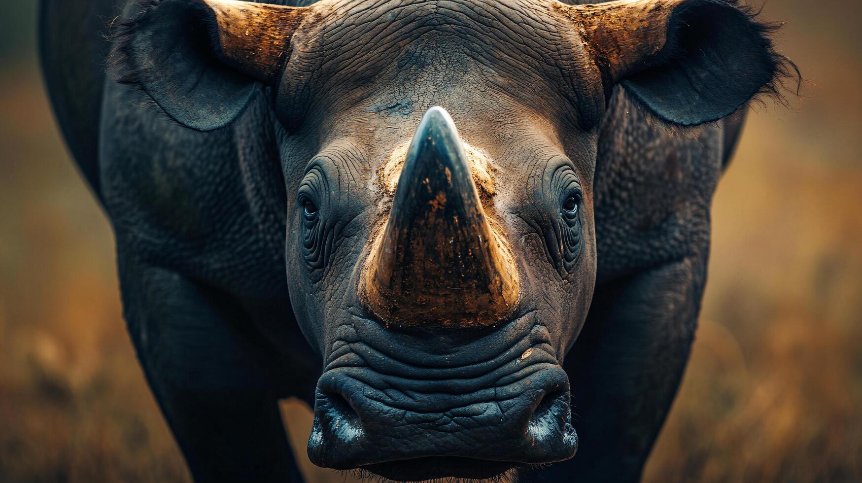 Rhino with a large horn is standing in a field. The rhino is looking directly at the camera photo
