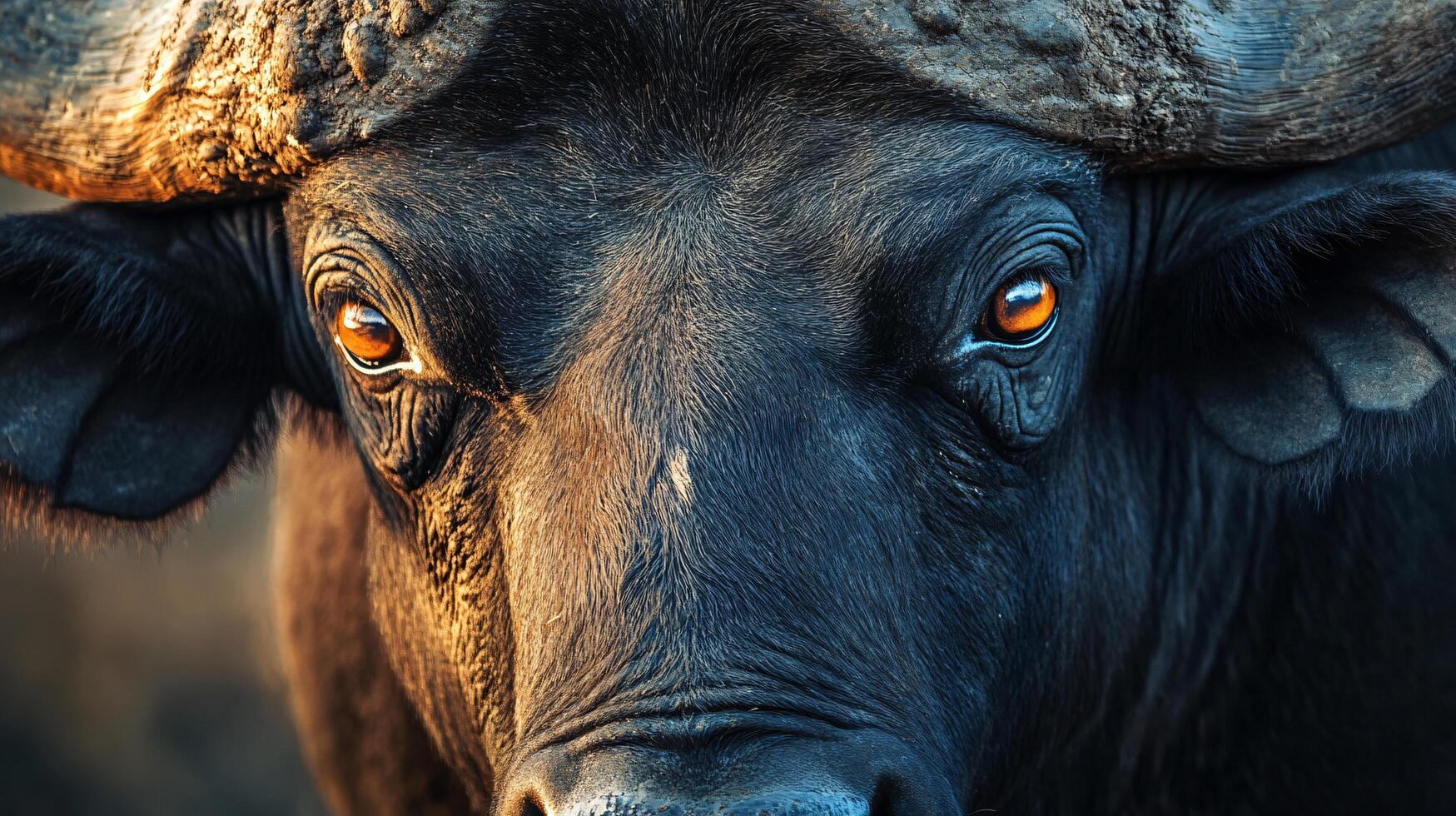 Close up of a black ox with its eyes open and staring at the camera. The ox has a brownish tint to it, giving it a somewhat eerie appearance photo