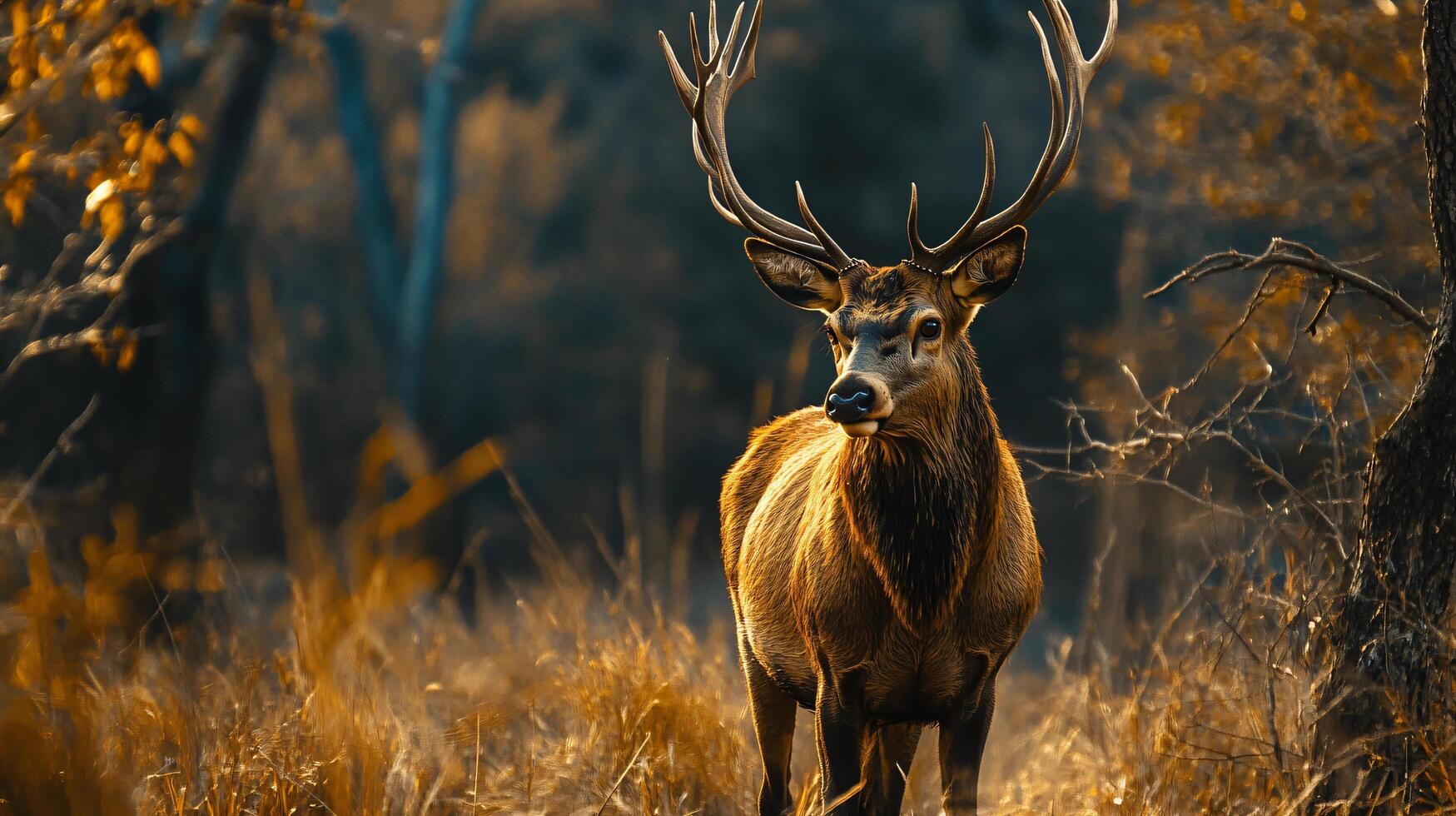Deer stands in a field of tall grass. The deer is brown and has large antlers. The image has a peaceful and serene mood, as the deer is standing alone in the grass photo