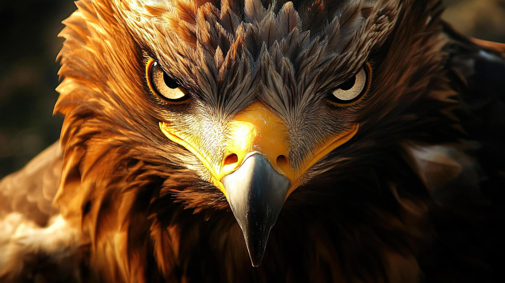 Close up of an eagle's face with its eyes wide open and its mouth open. The eagle's expression is angry and aggressive photo