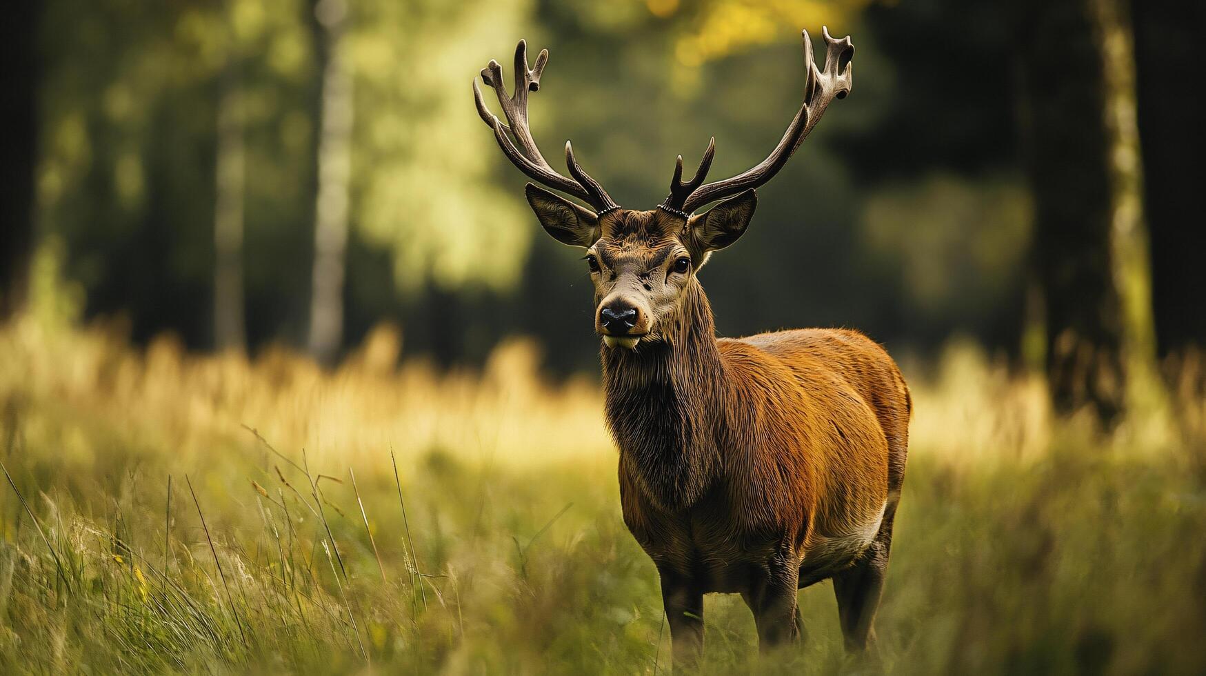 Deer stands in a field with its antlers raised. Concept of freedom and natural beauty, as the deer is in its natural habitat. The lush green grass and the open field create a peaceful photo