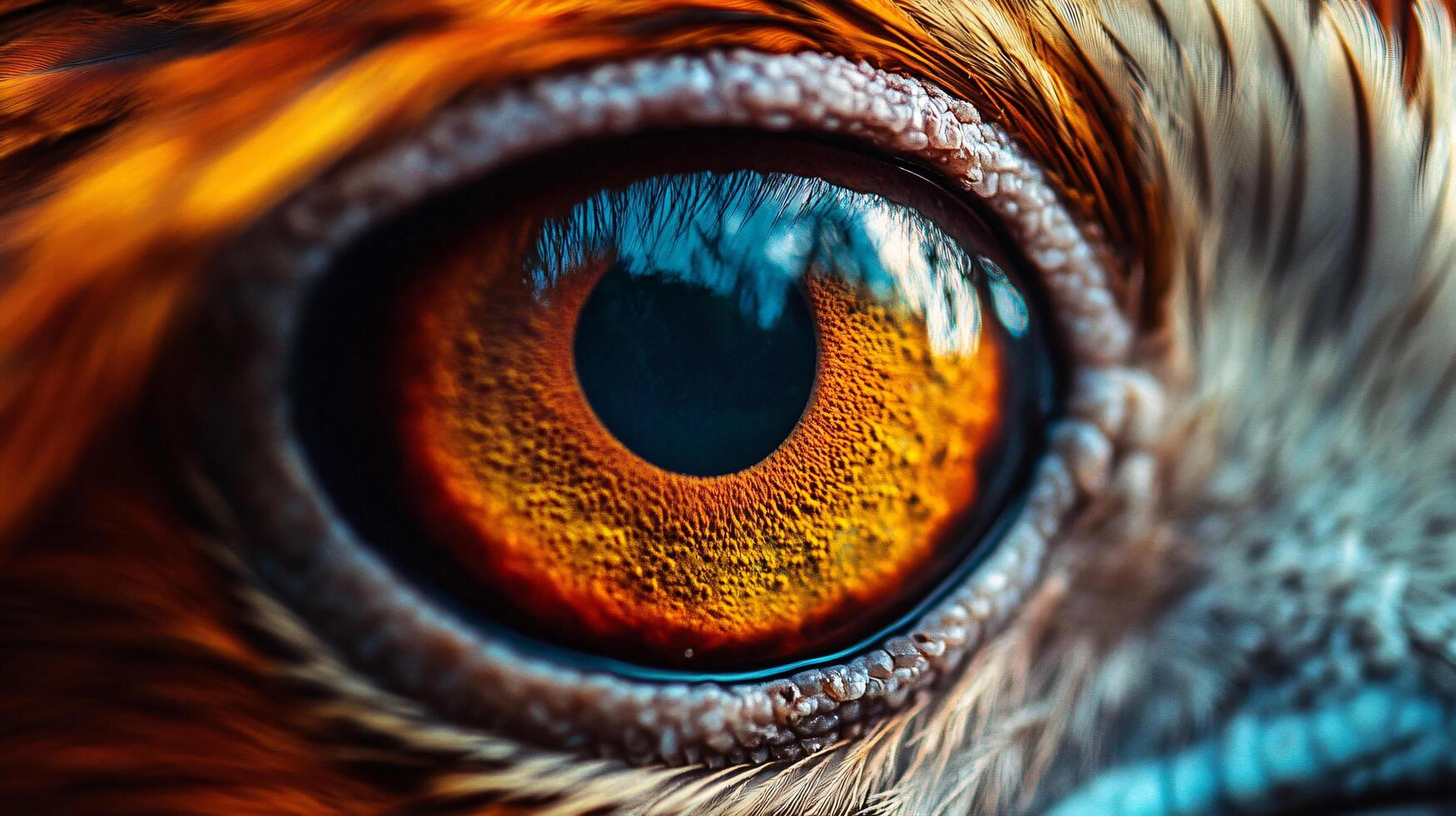 The eye of a bird is shown in a close up, with the iris being the main focus. The eye is surrounded by feathers, and the iris is a bright orange color. Concept of depth and realism photo
