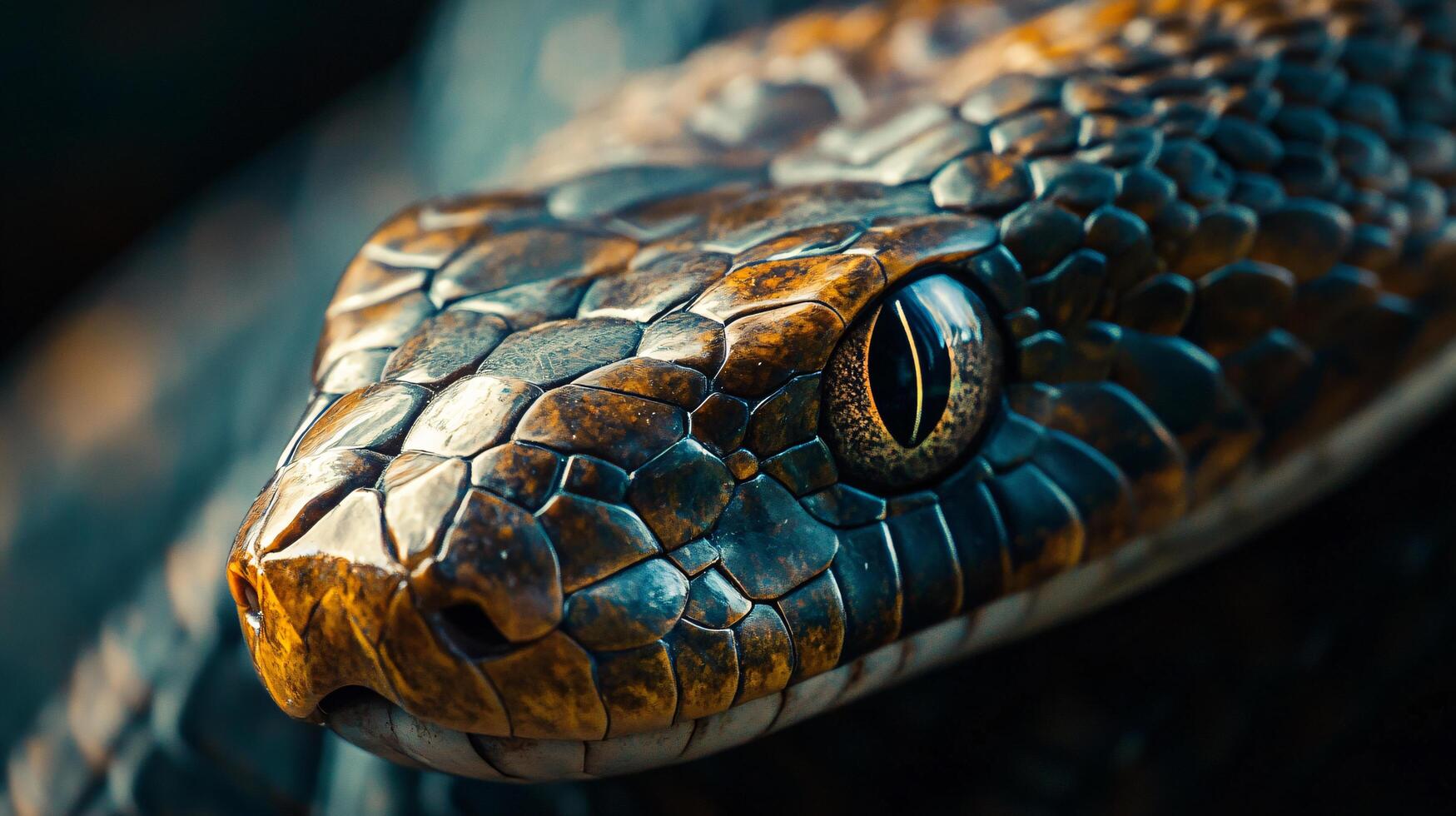 Close up of a snake's face with a brown and black pattern. The snake's eyes are open and it is looking at the camera photo