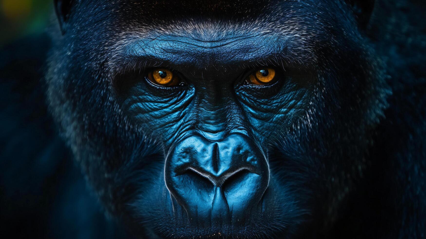 Close up of a gorilla's face with a blue background. The gorilla has a yellow eye and a black nose photo