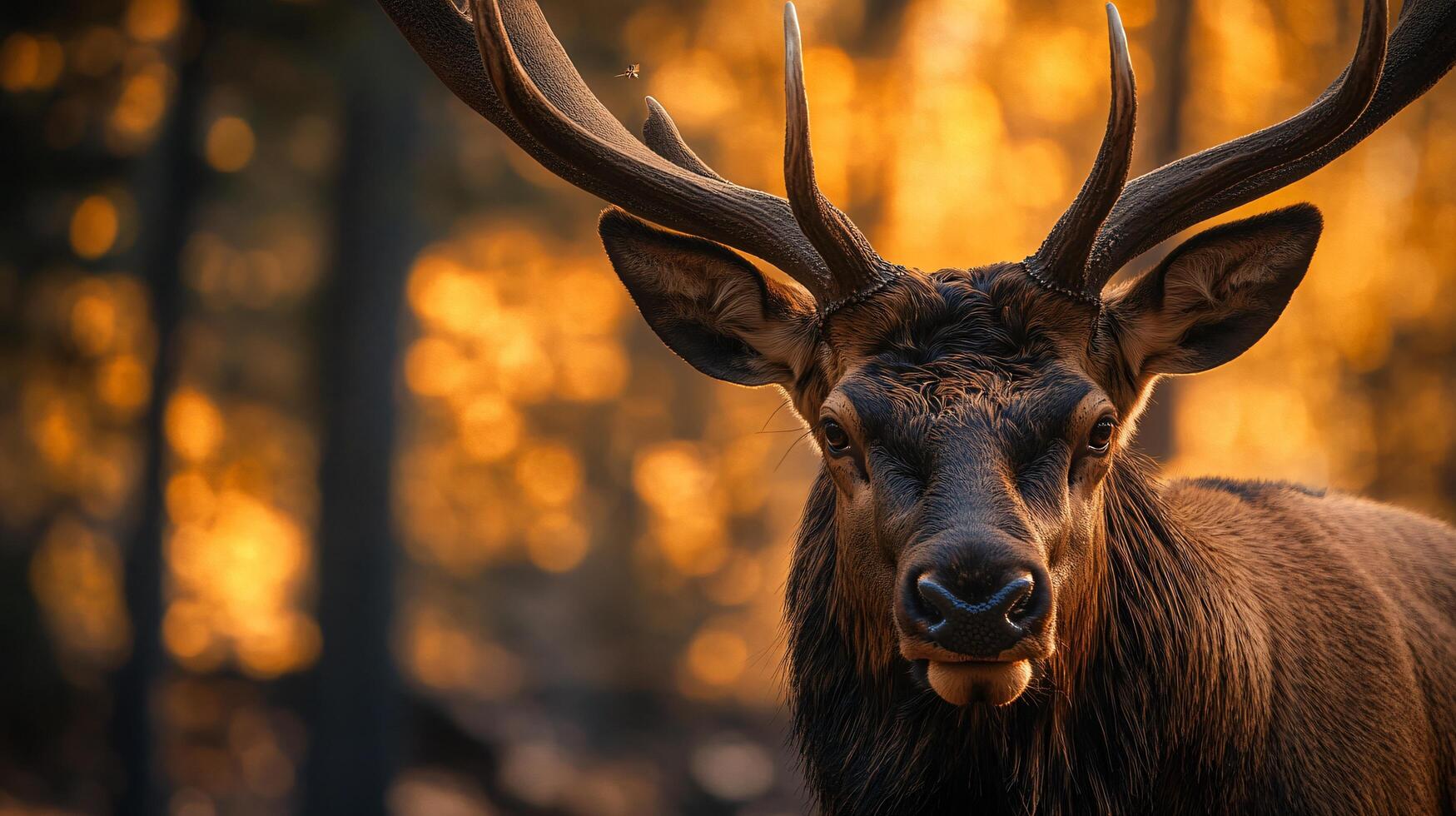 Deer with its head down and its antlers showing. The deer is in a forest with trees in the background photo