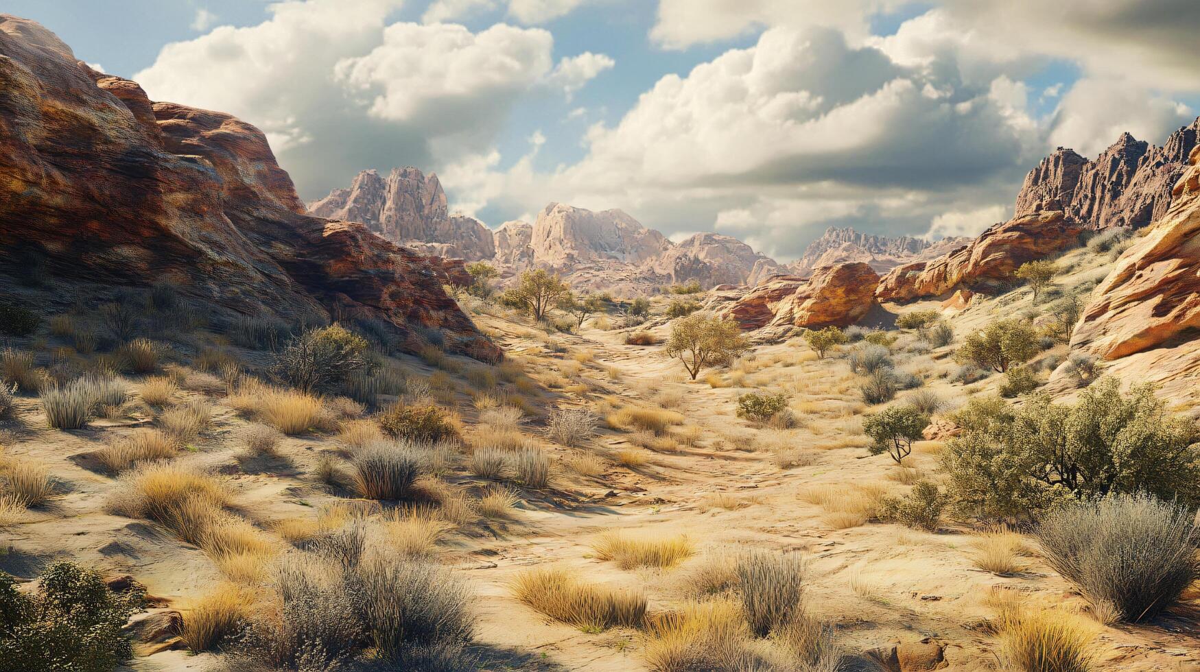 Desert landscape with a cloudy sky and mountains in the background. The sky is overcast and the sun is not visible. The landscape is barren and desolate, with only a few bushes scattered throughout photo