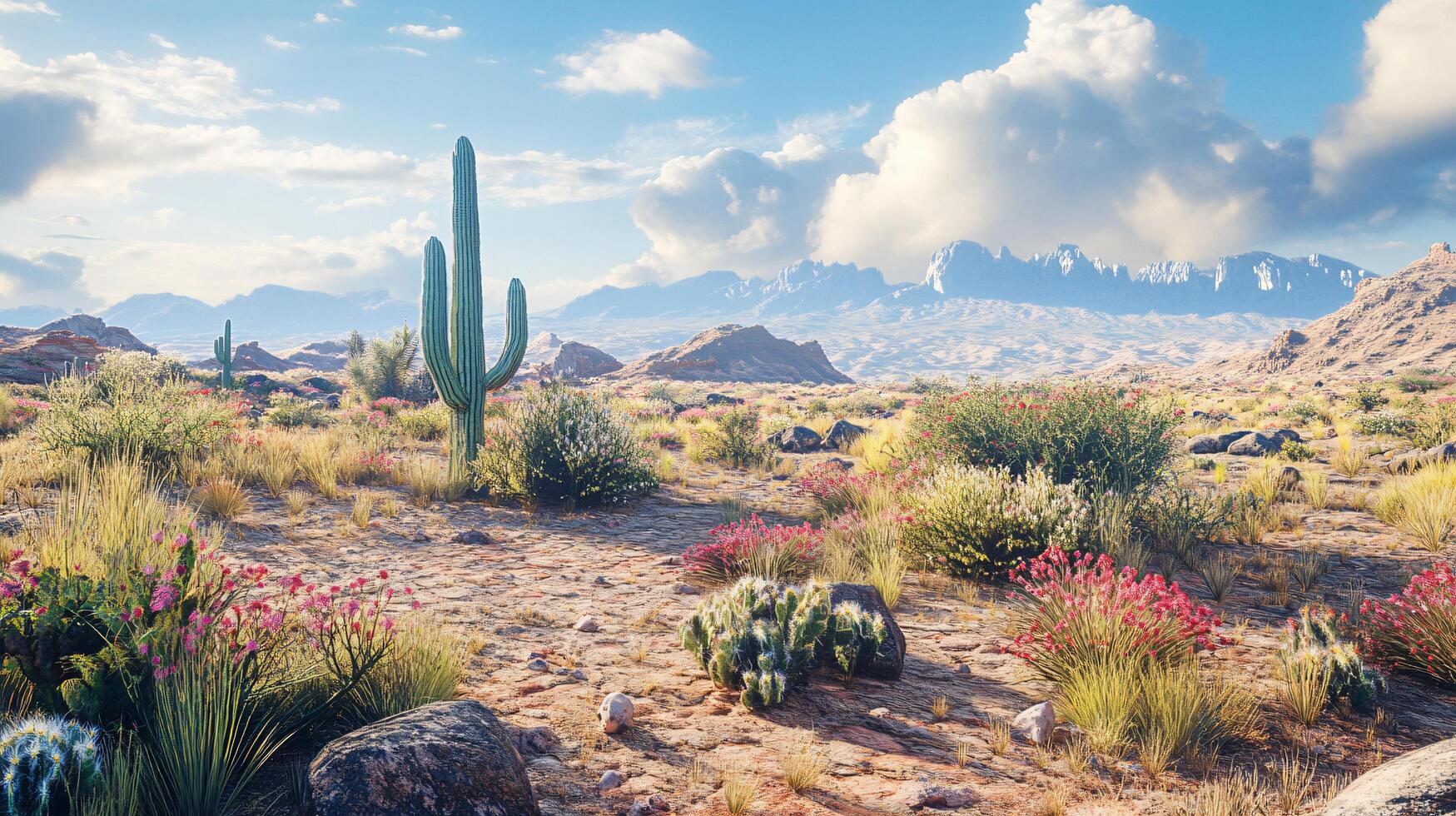 Desert landscape with a cactus in the foreground and mountains in the background. The sky is cloudy, but the sun is still shining through photo