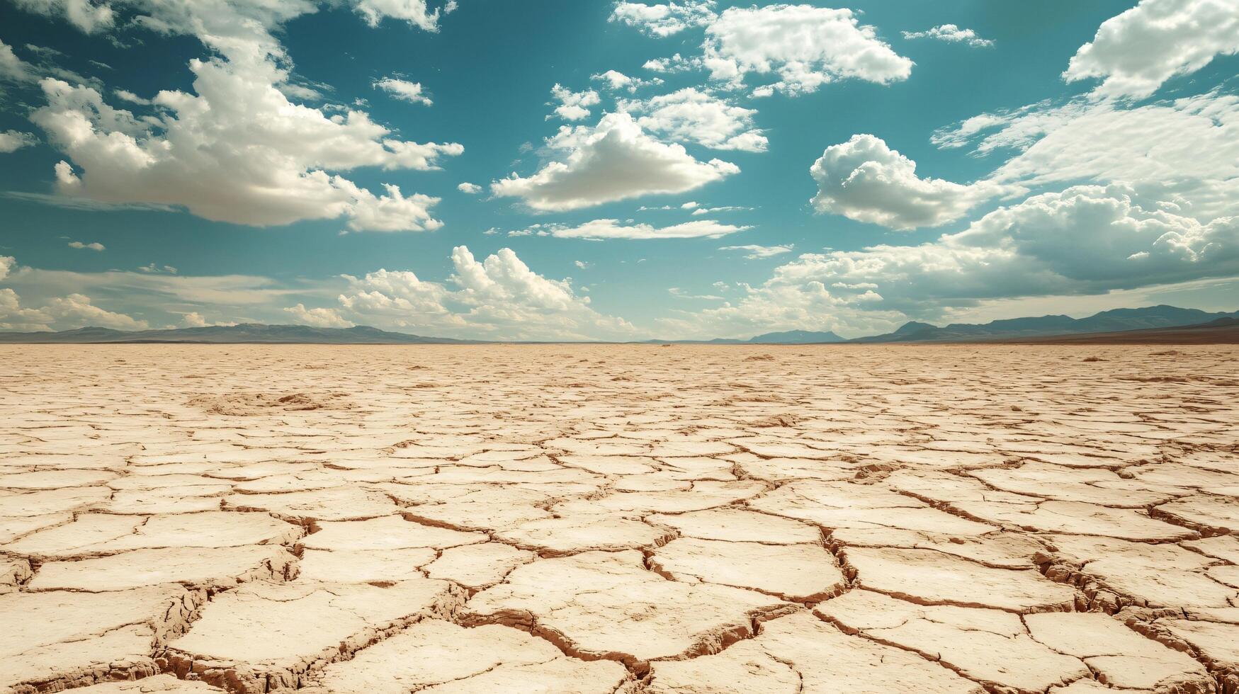 Desolate desert landscape with a clear blue sky. The sky is dotted with clouds, and the sun is shining brightly. The emptiness of the desert and the clear blue sky create a sense of loneliness photo