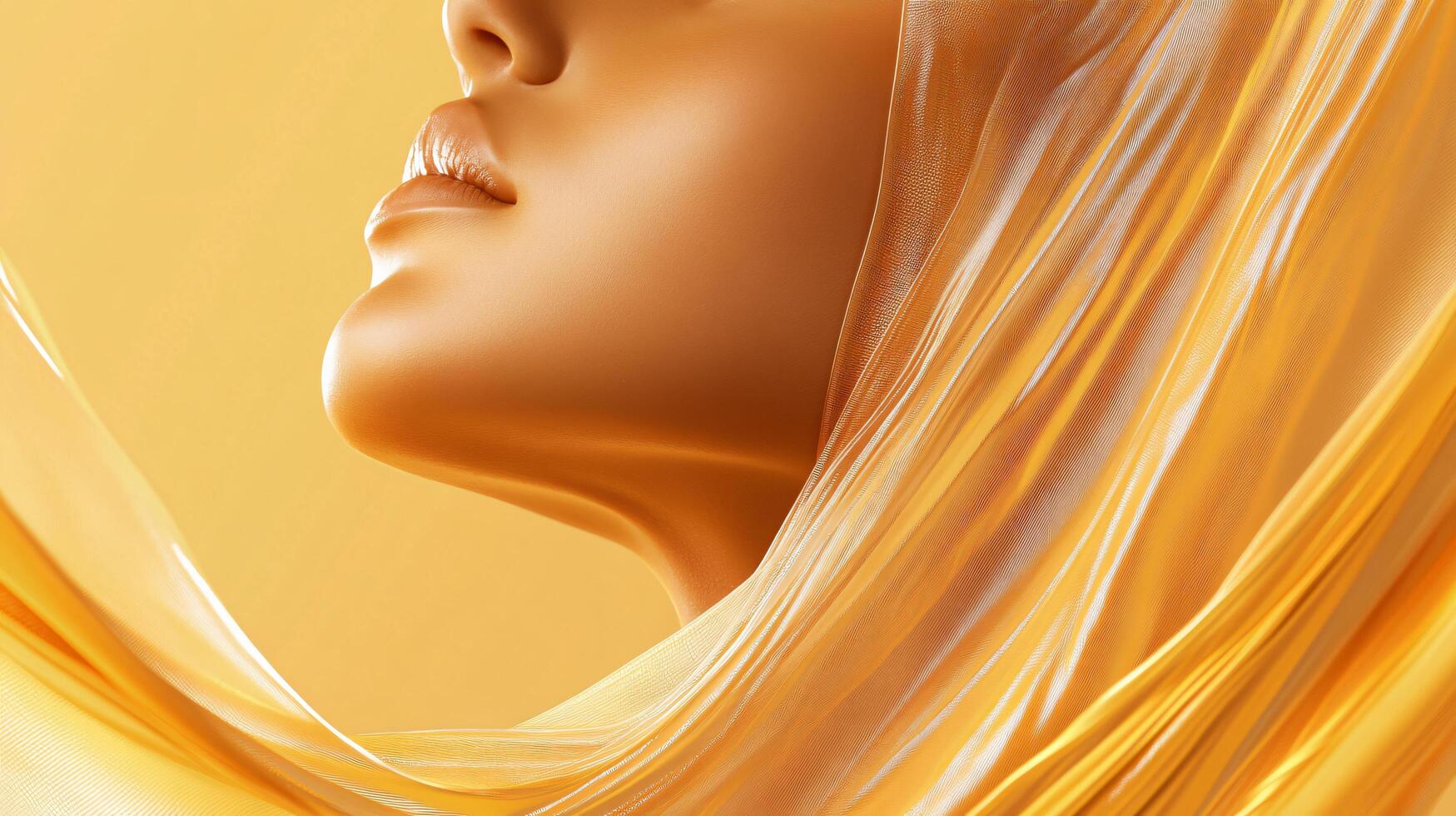 Woman's face is shown with a gold scarf draped over her head. The scarf is long and flowing, giving the impression of a luxurious and elegant look. Concept of sophistication and beauty photo