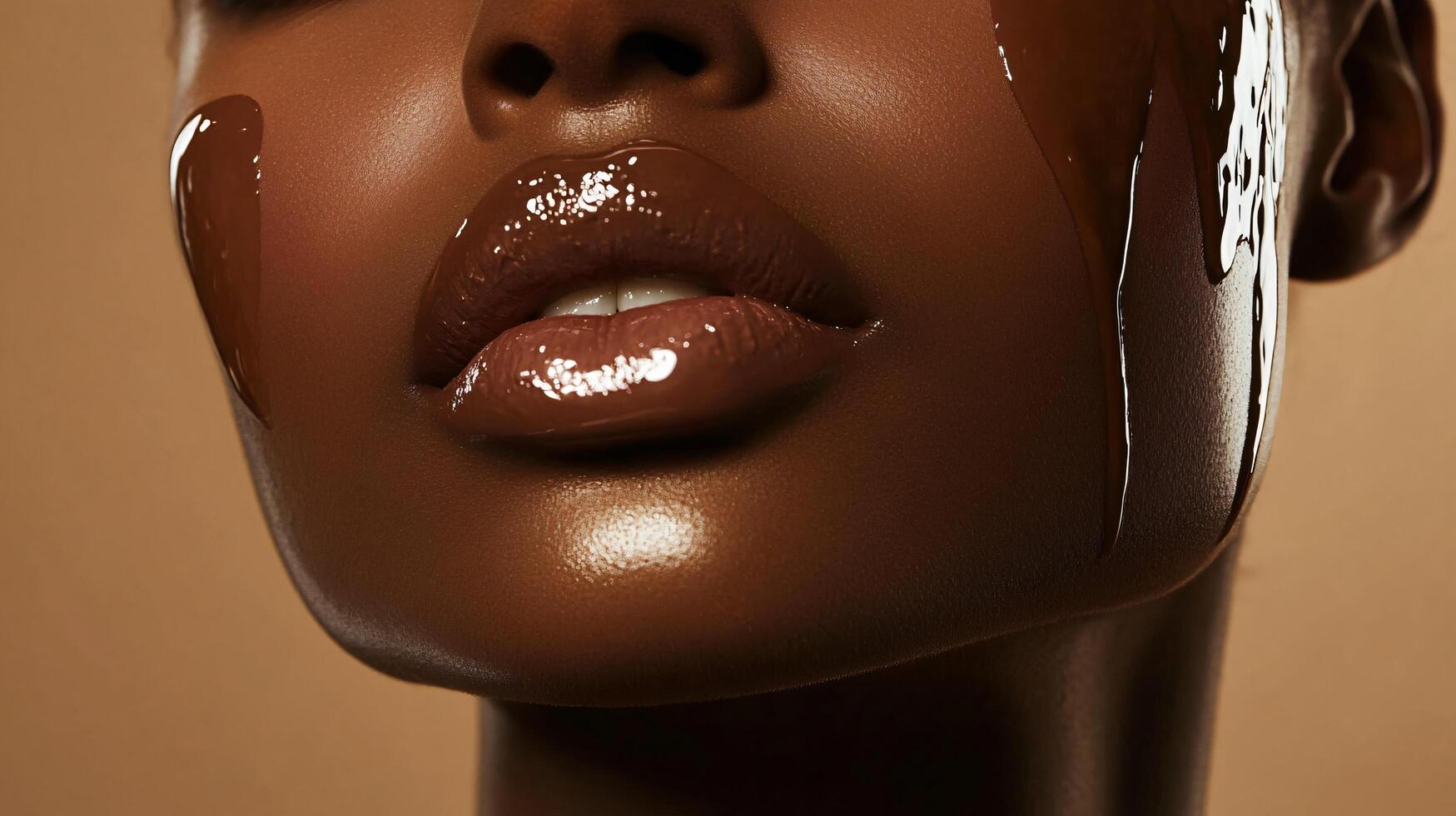 Woman with a dark complexion and a shiny lip gloss. The lips are very full and the woman has a beautiful smile photo