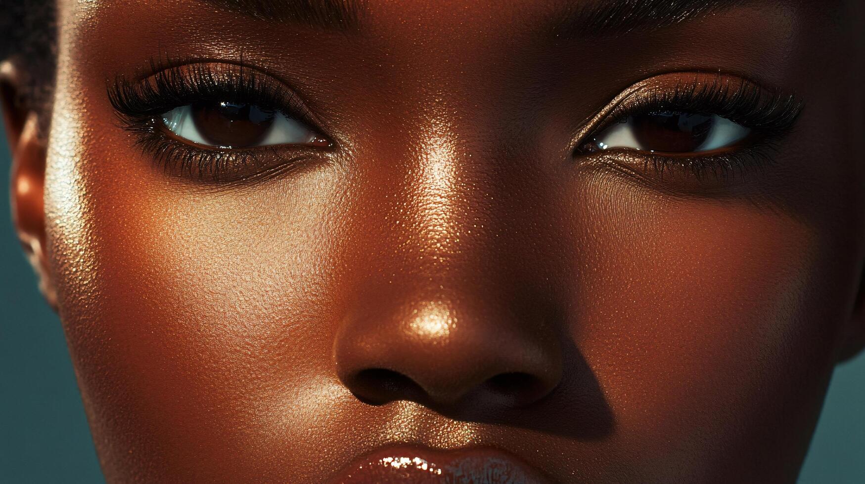 Woman with dark hair and brown eyes is wearing gold eye shadow. The eye shadow is shimmering and highlights her eyes photo